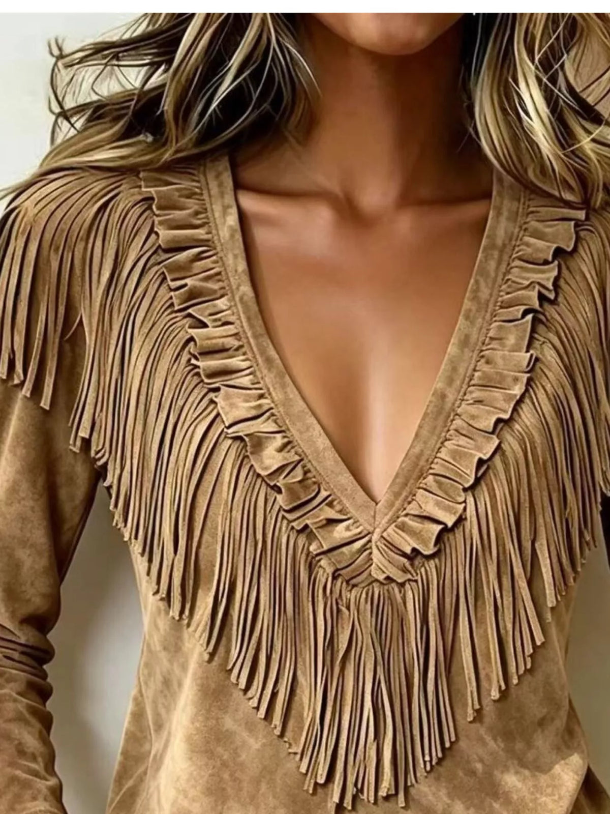 Fringed V-Neck Blouse - Lilixa.store