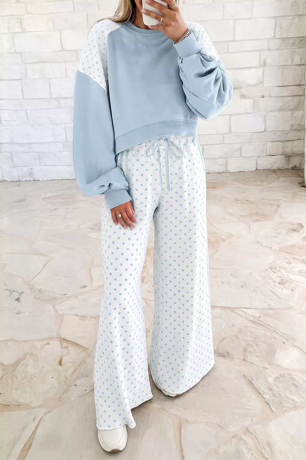 Polka Dot Cropped Sweatshirt and Wide-Leg Pants Set - Lilixa.store