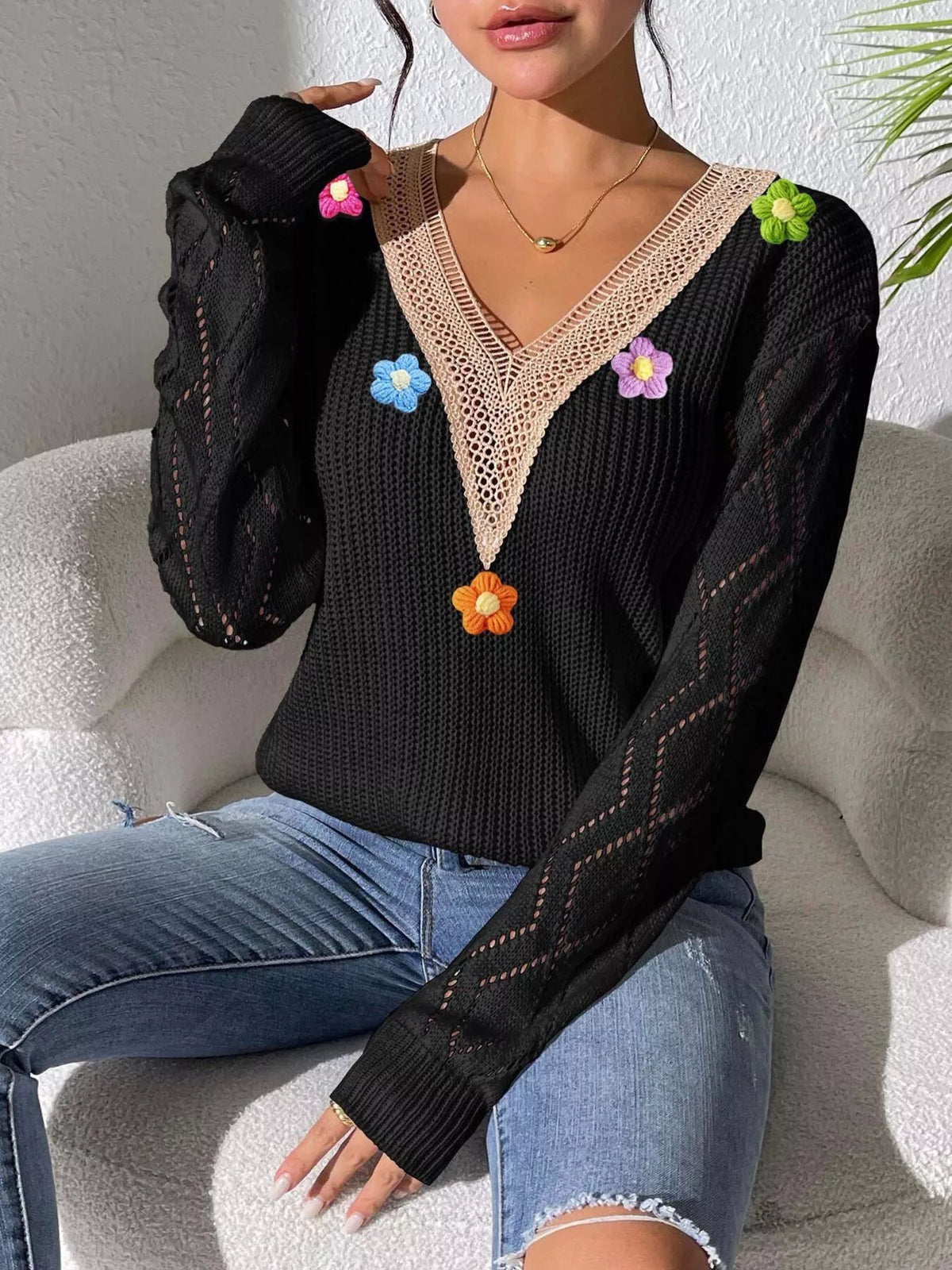 Floral Applique V-Neck Openwork Sweater