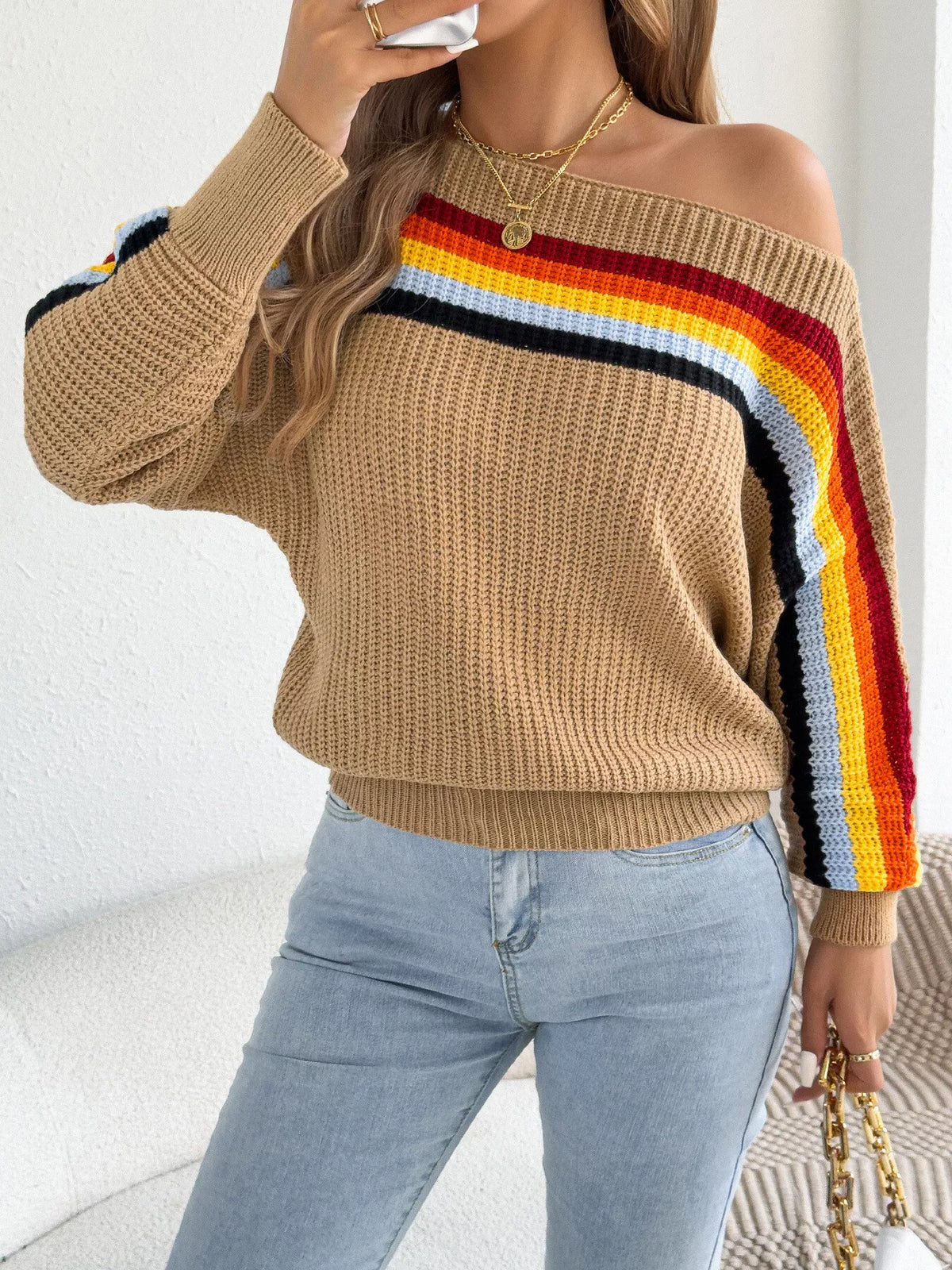 Striped Knit Boat Neck Sweater