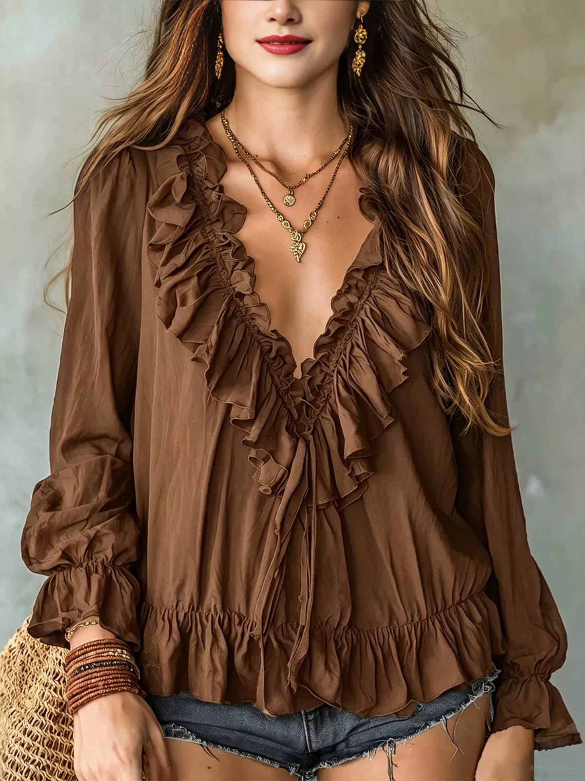 Ruffle V-Neck Long Sleeve Blouse in Brown
