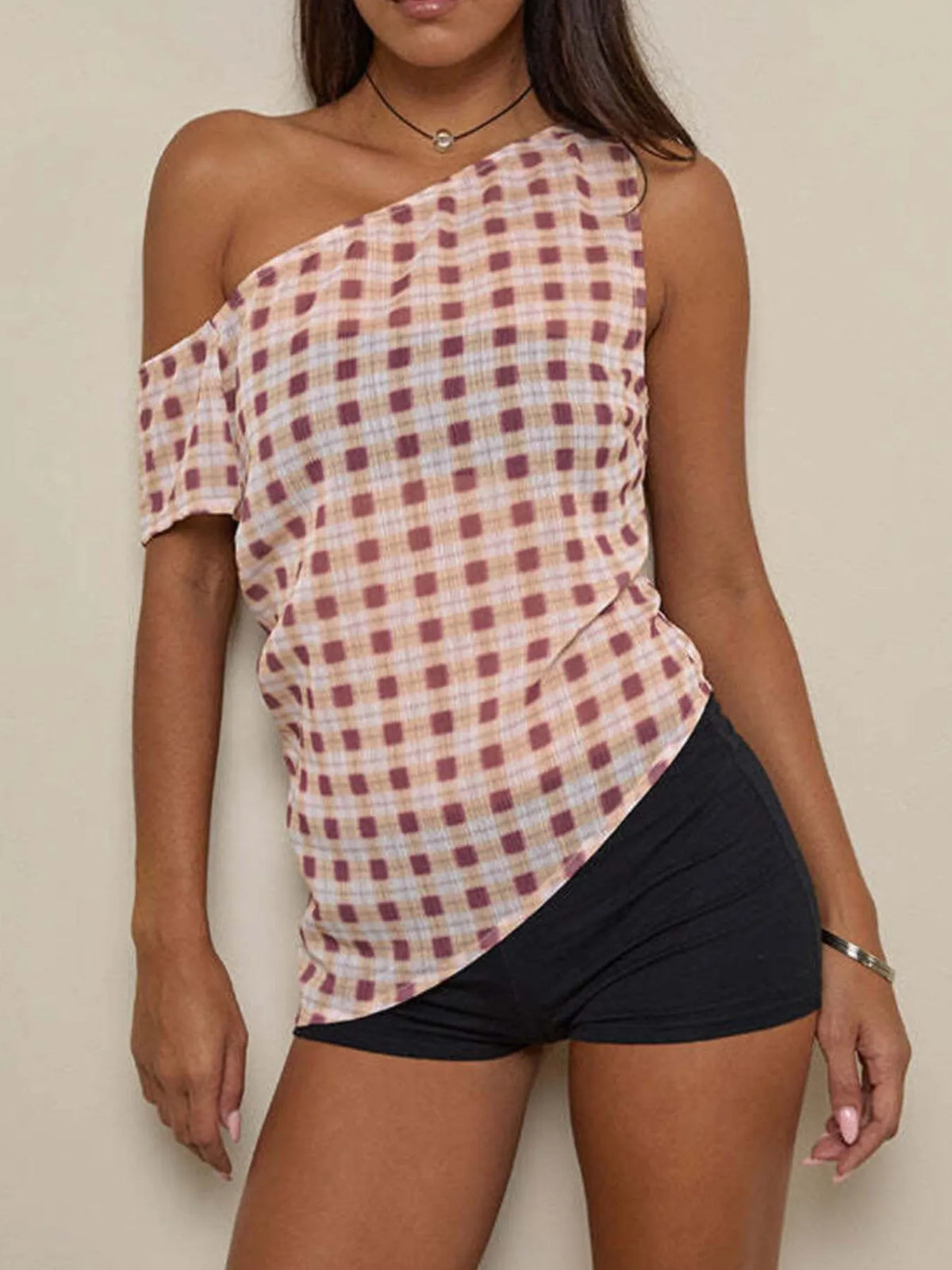 One-Shoulder Plaid Tank Top - Lilixa.store