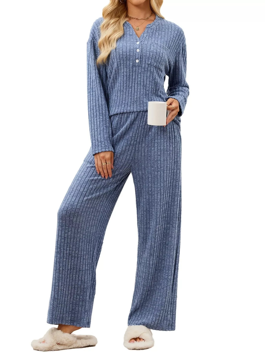 Ribbed Knit Top and Wide-Leg Pants Set - Lilixa.store