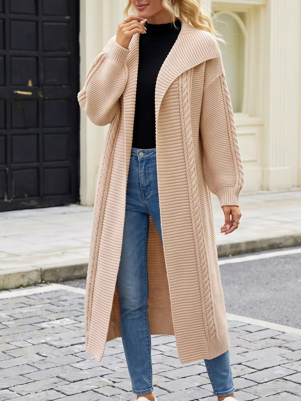 Cable-Knit Open-Front Longline Cardigan - Lilixa.store