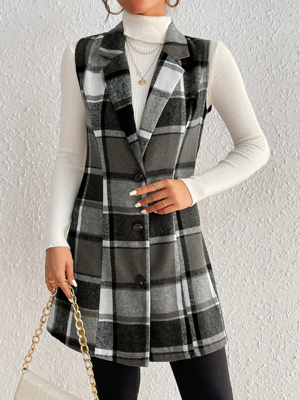 Honey Plaid Button Up Vest Coat, view 4