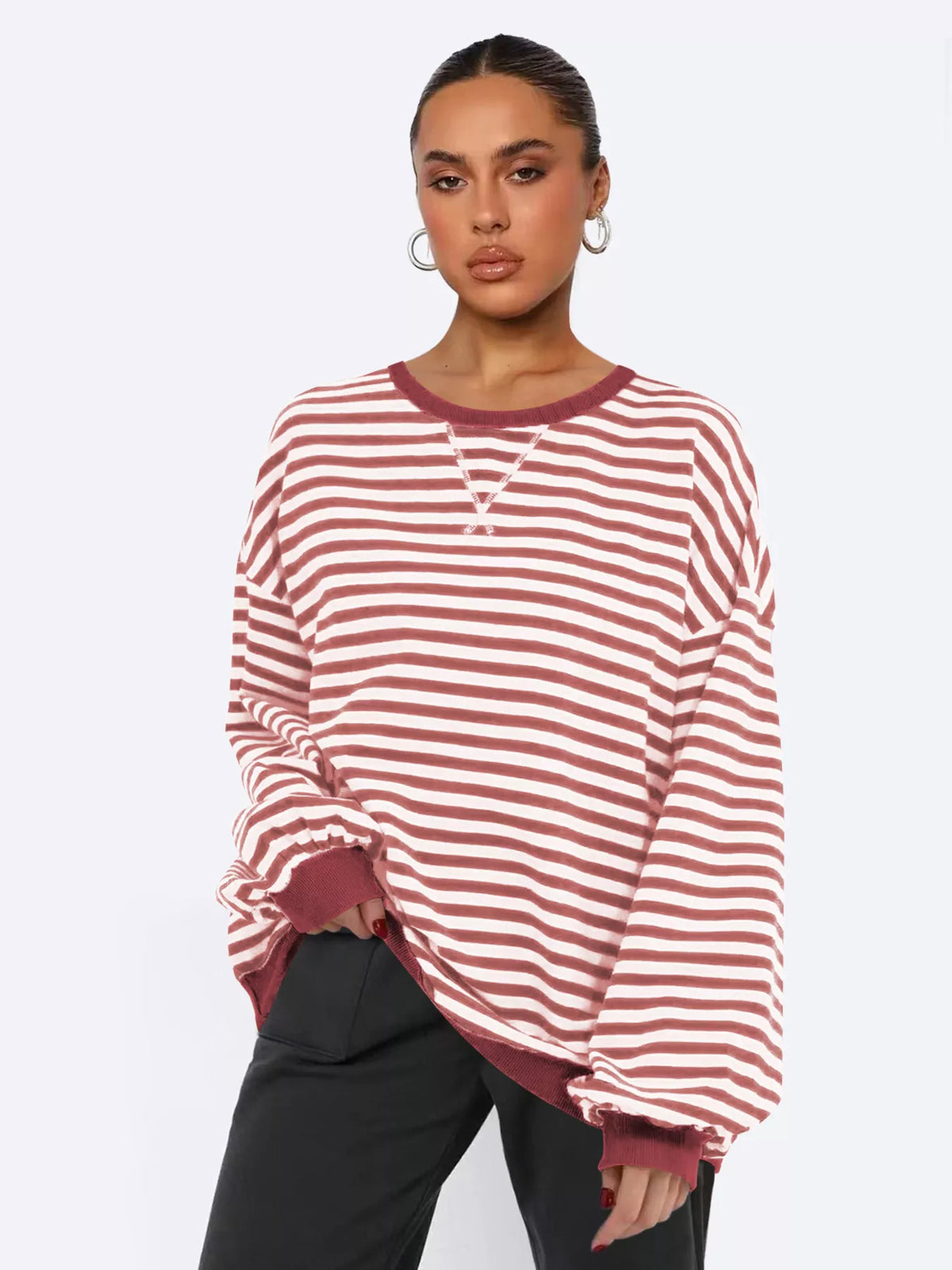 Striped Round Neck Long Sleeve Sweatshirt - Lilixa.store