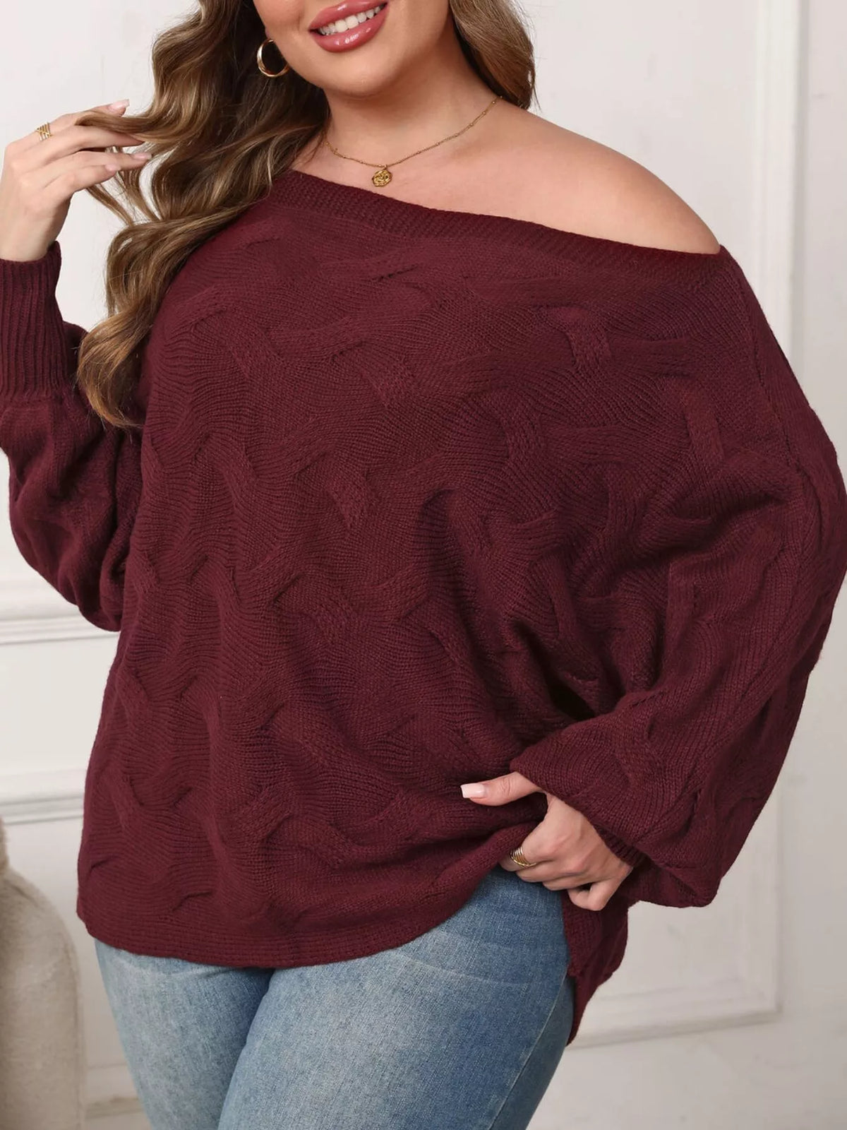 Plus Size Off-Shoulder Long Sleeve Sweater - Lilixa.store