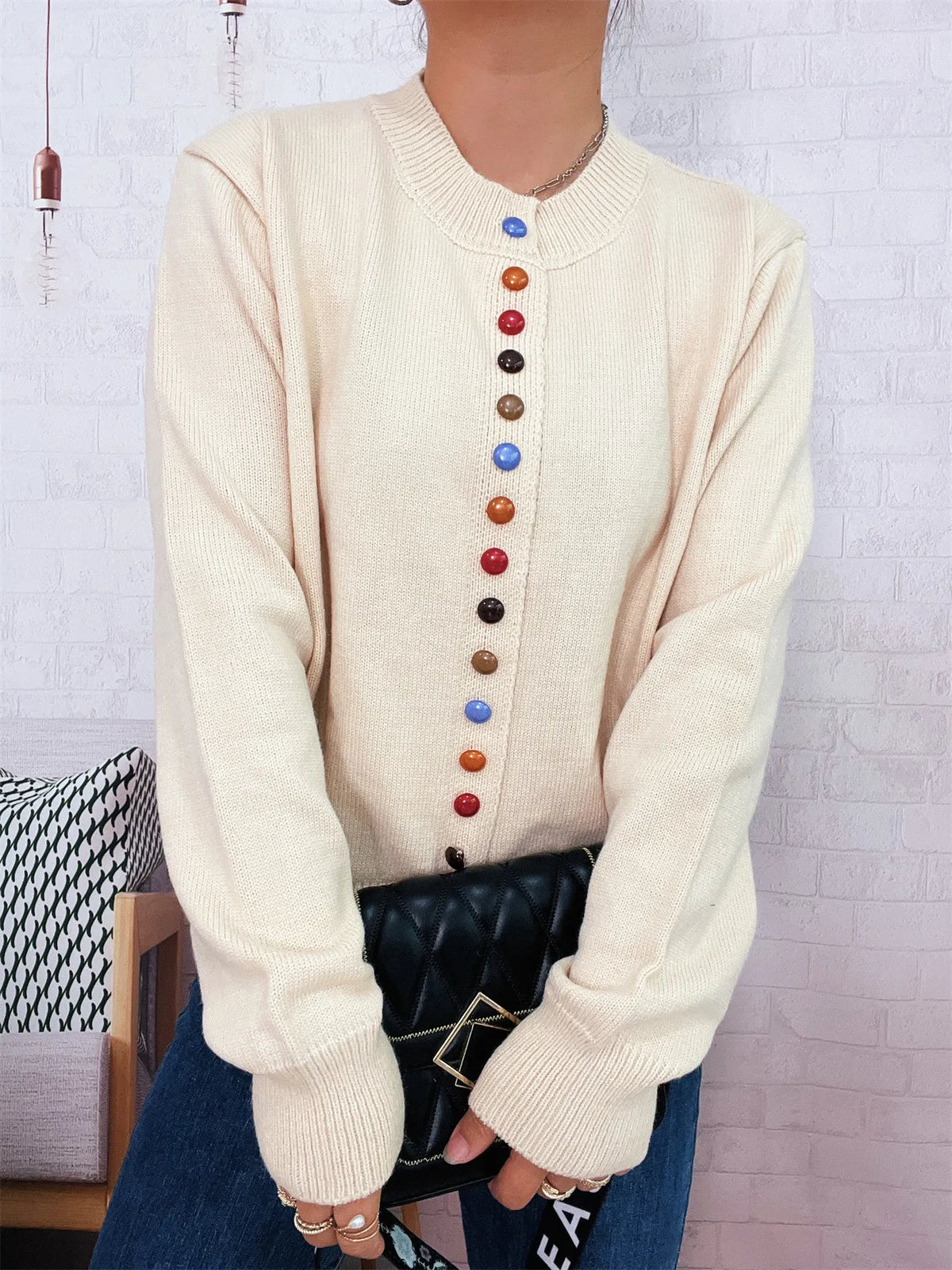 Button-Front Cardigan with Colorful Detail Buttons - Lilixa.store