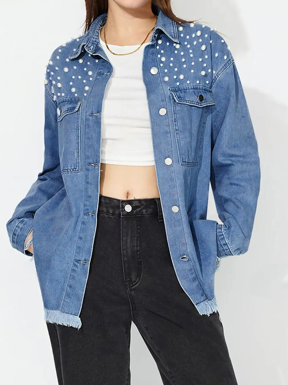 Raw Hem Pearl Trim Collared Neck Denim Top - Lilixa.store