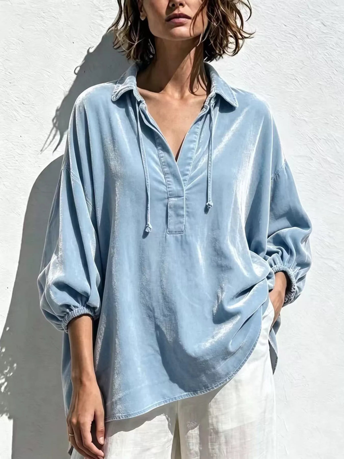 Full Size Oversized Velvet Collared Neck Drawstring Blouse Plus Size in Light Blue