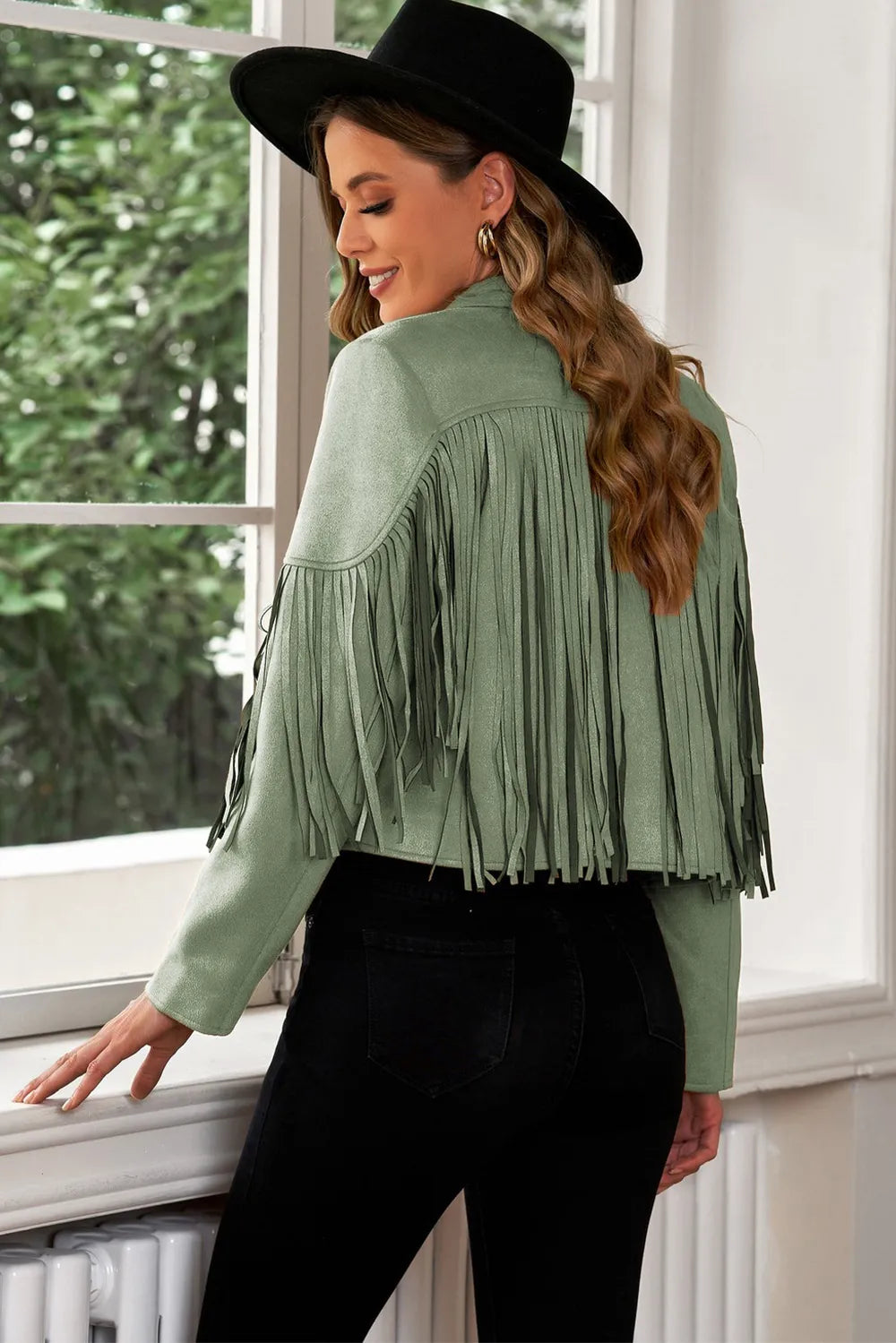 Fringe Trim Lapel Collar Cropped Blazer, view 9