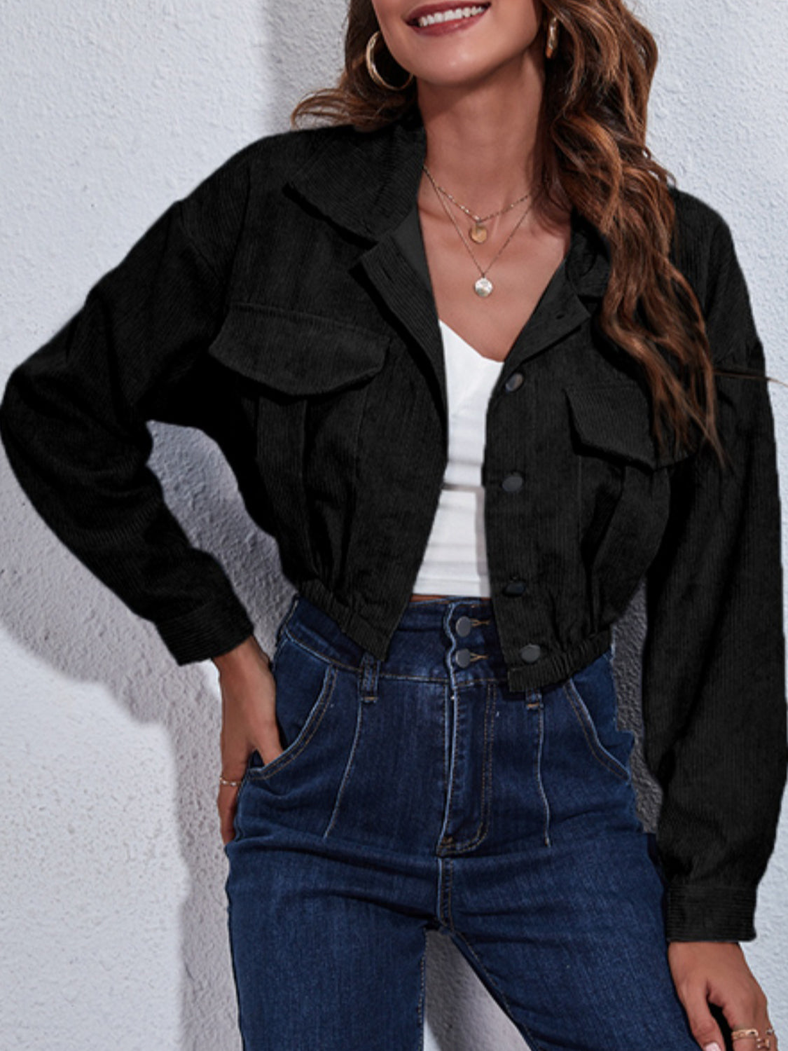 Collared Neck Dropped Shoulder Buttoned Jacket, view 3