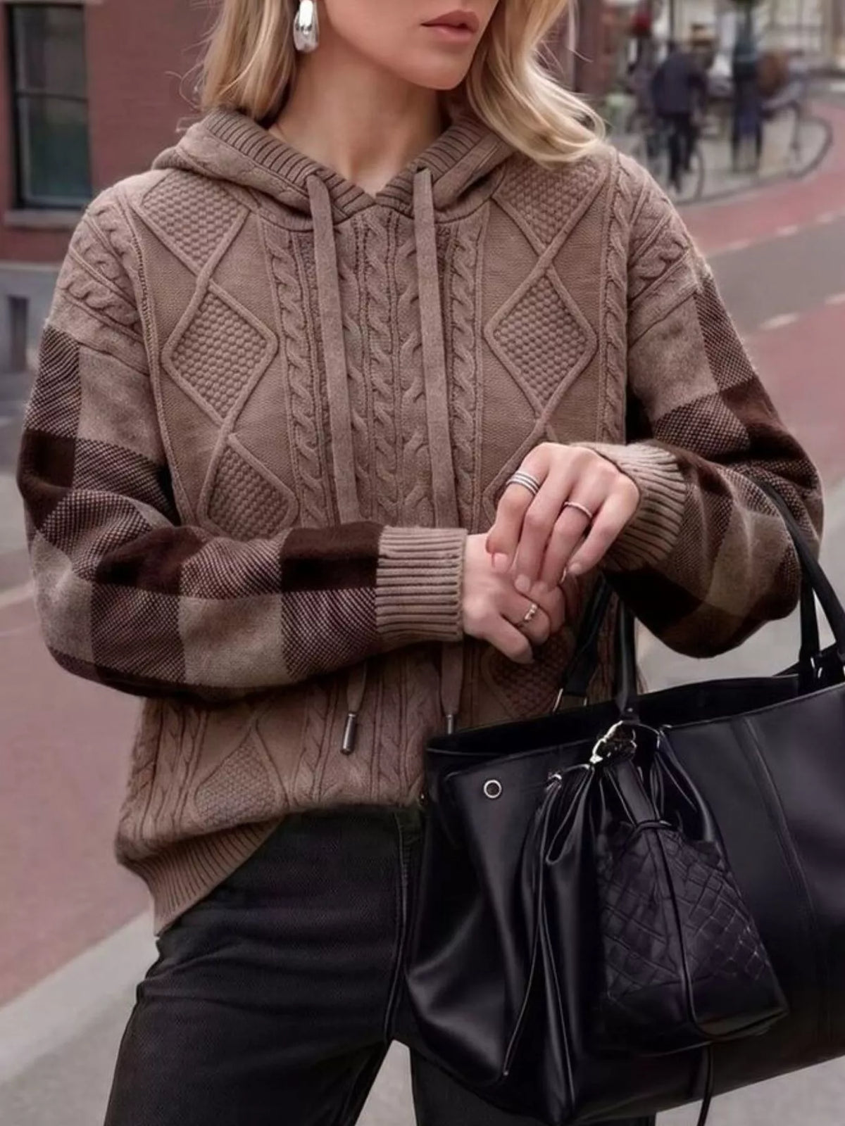 Cable-Knit Plaid Sleeves Hooded Sweater - Lilixa.store