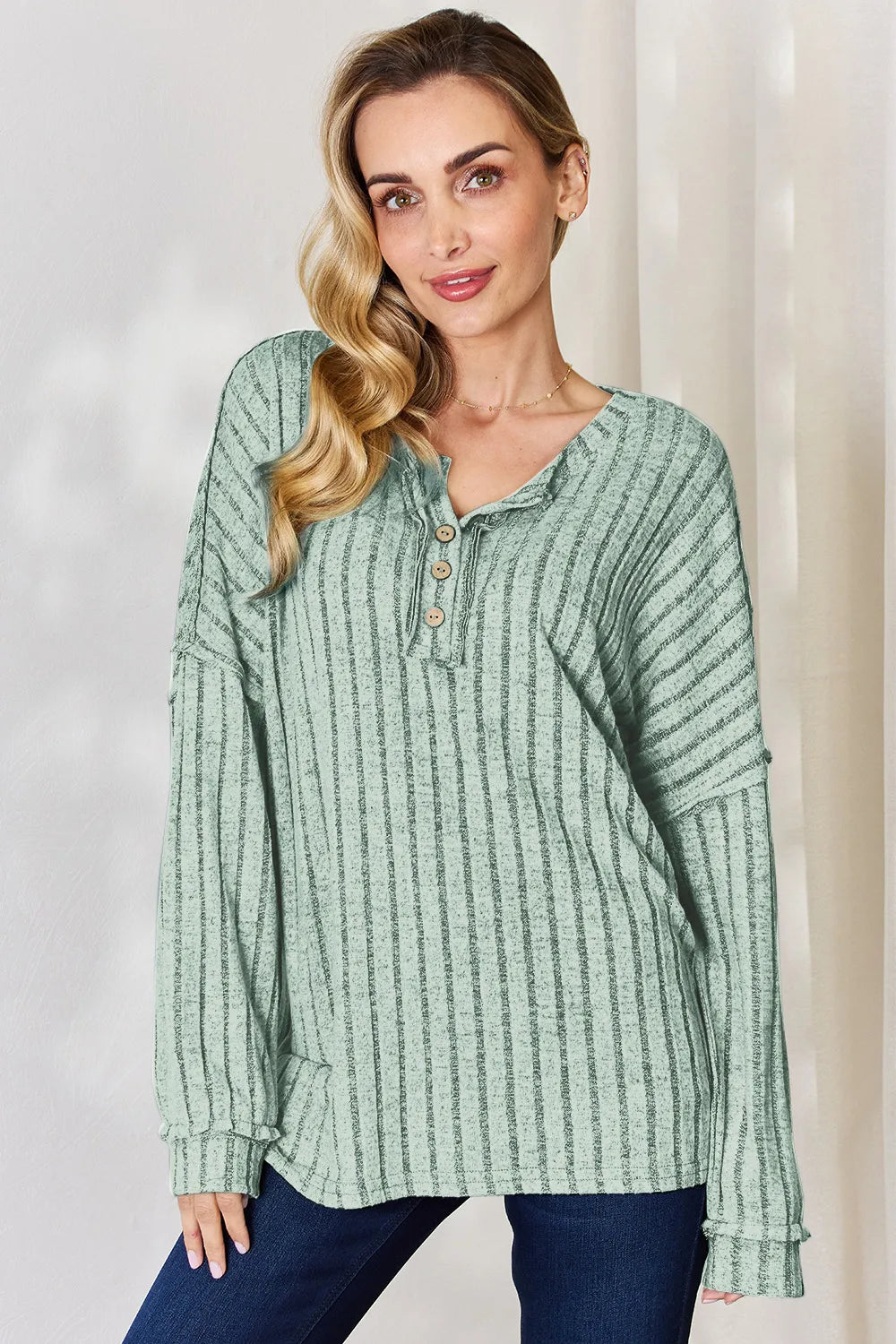 Basic Bae Full Size Ribbed Half Button Long Sleeve T-Shirt - Lilixa.store