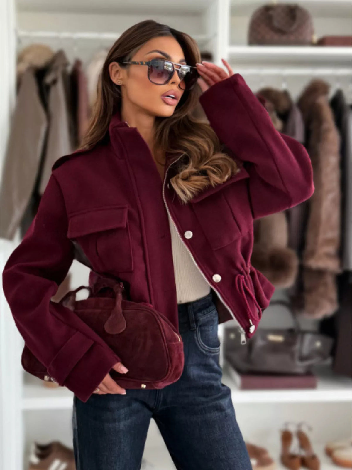 Drawstring Waist Cropped Jacket in Burgundy