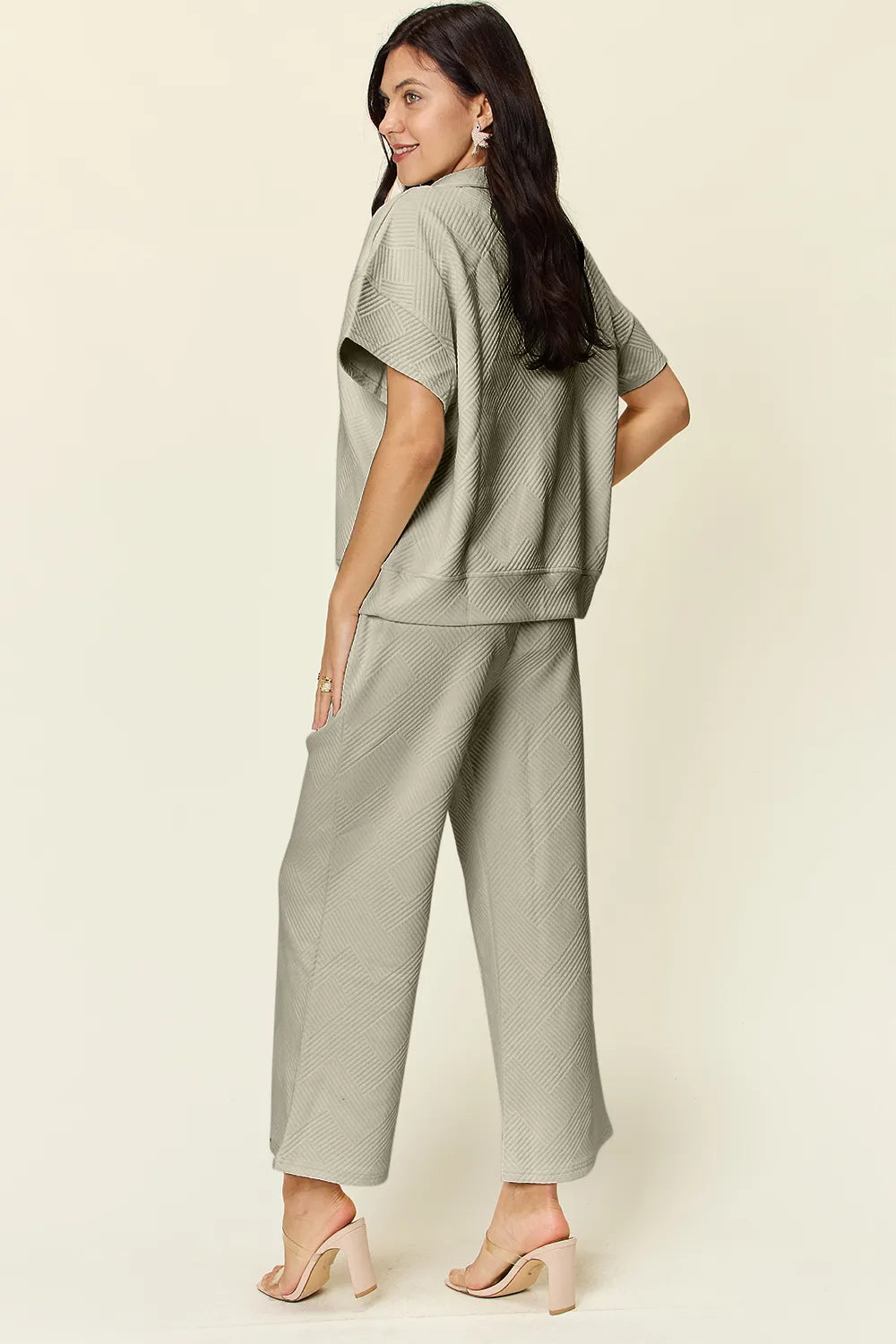 Double Take Full Size Texture Half Zip Short Sleeve Top and Pants Set, view 9