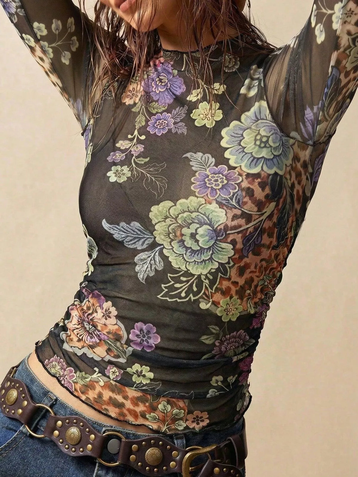 Floral Mesh Long Sleeve Top, view 3