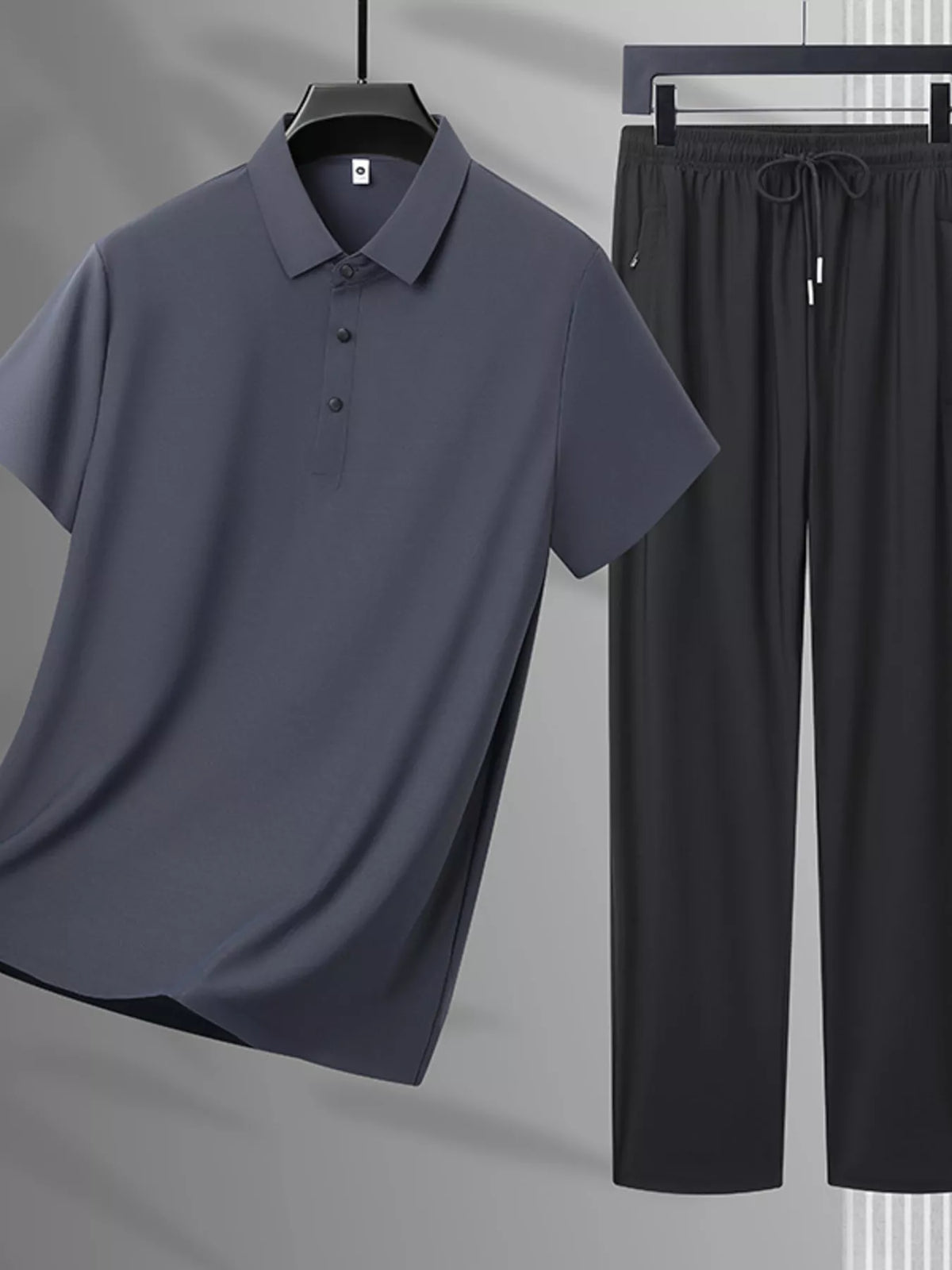 Men's Plus Size Button Detail Polo and Pants Set in Dark Gray