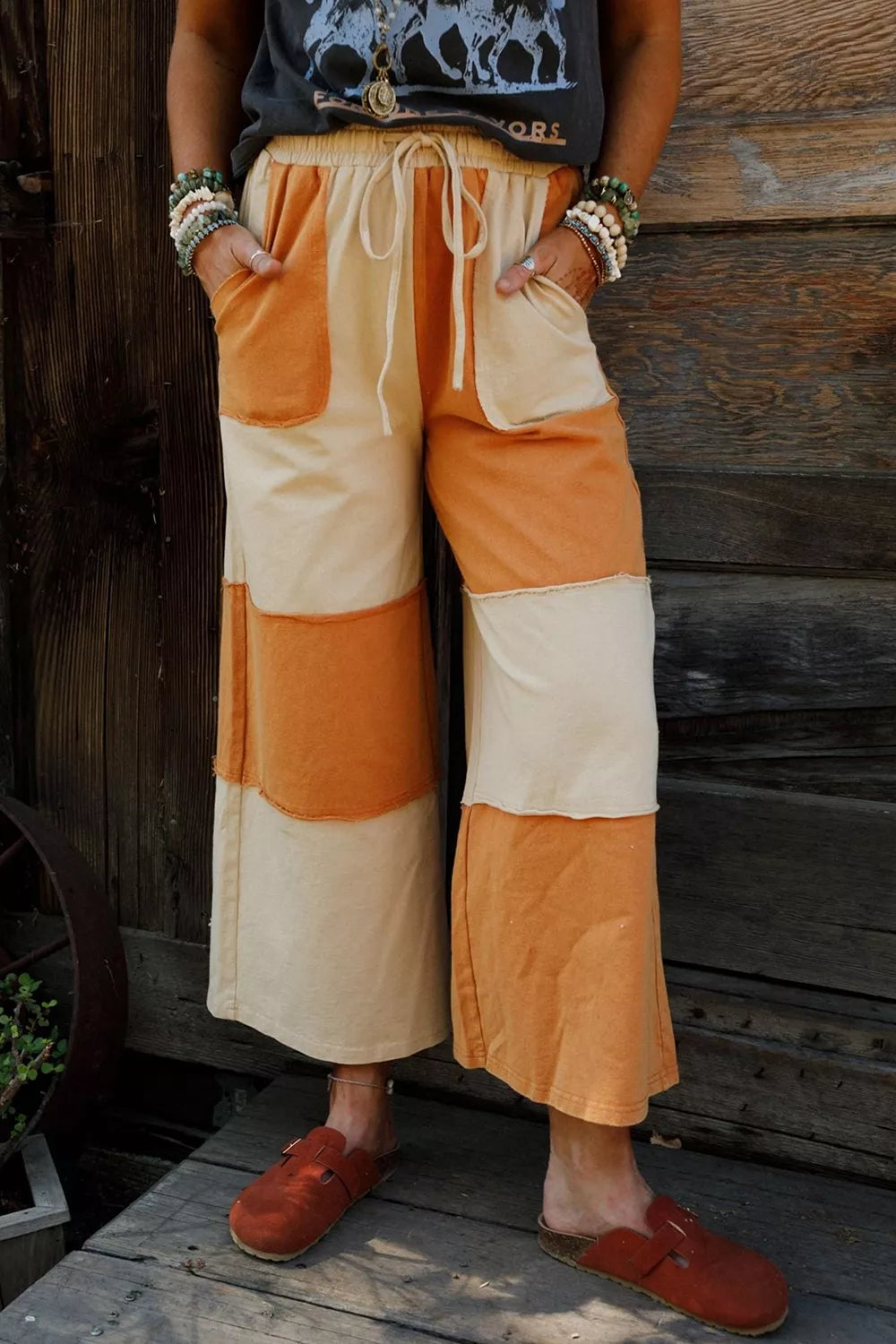Raw Seam Colorblock Wide Leg Ankle Length Casual Pants - Lilixa.store