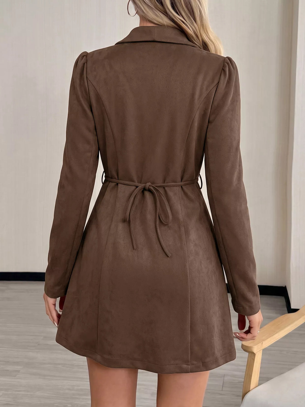 Button-Front Long Sleeve Blazer Dress in Coffee Brown, view 4