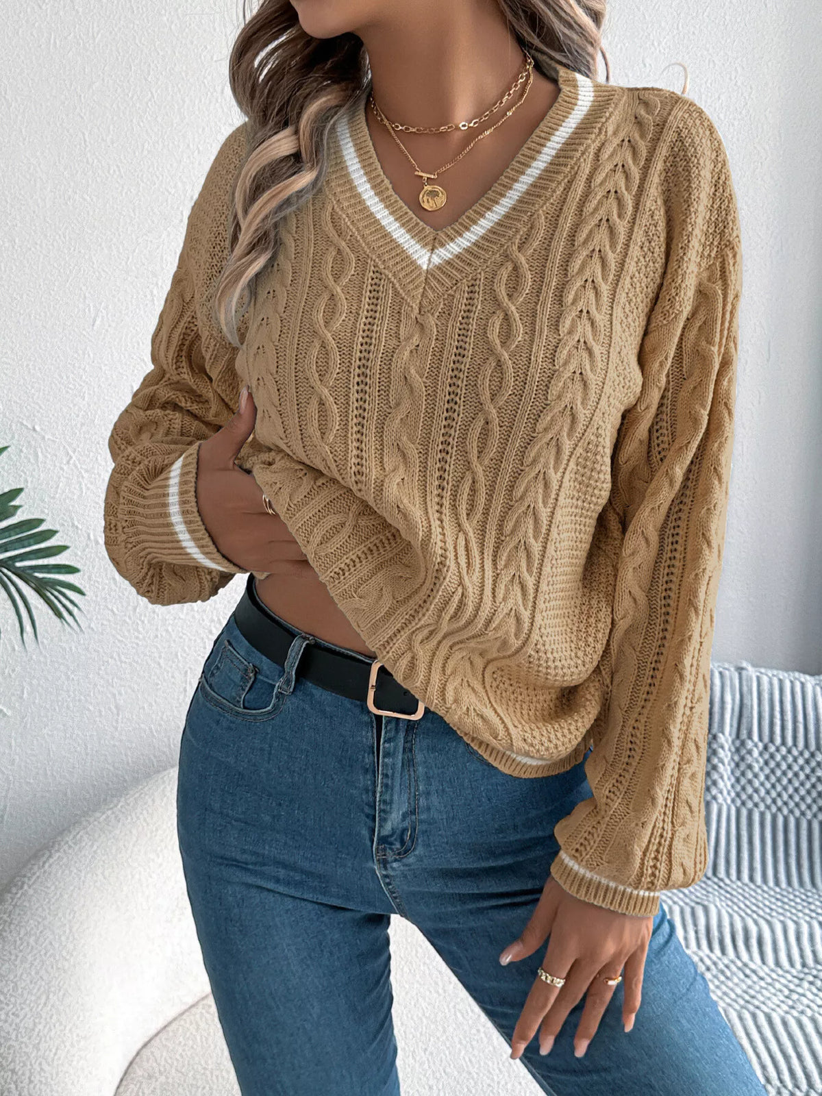 V-Neck Cable Knit Sweater with Striped Trim