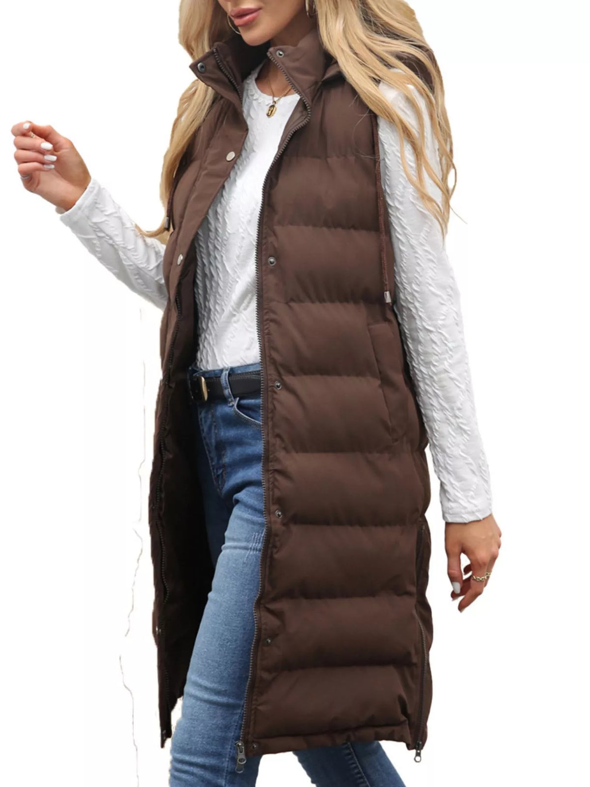 Full Size Snap Down Hooded Padded Longline Vest Coat Plus Size - Lilixa.store
