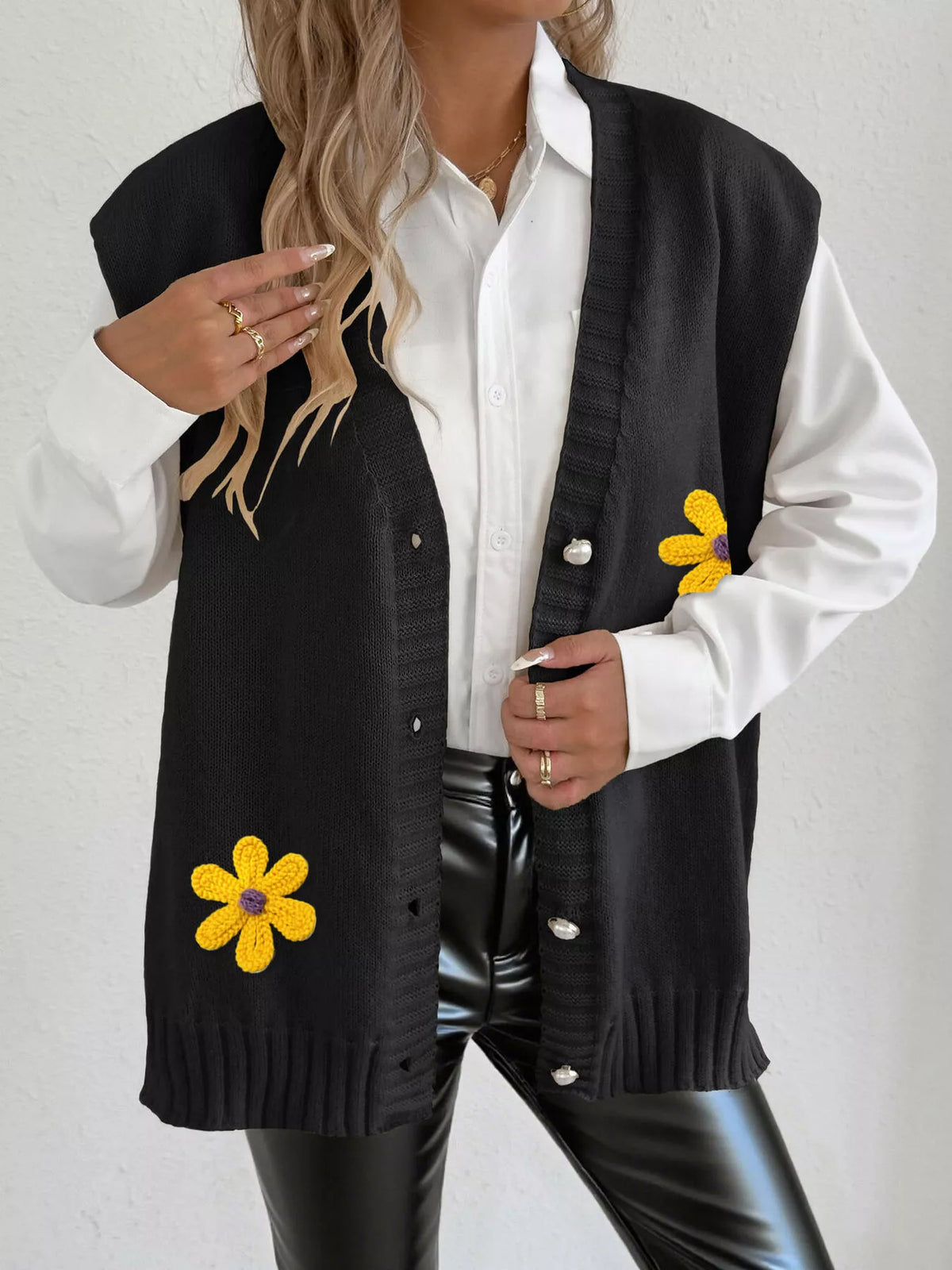 Flower V-Neck Sleeveless Cardigan - Lilixa.store