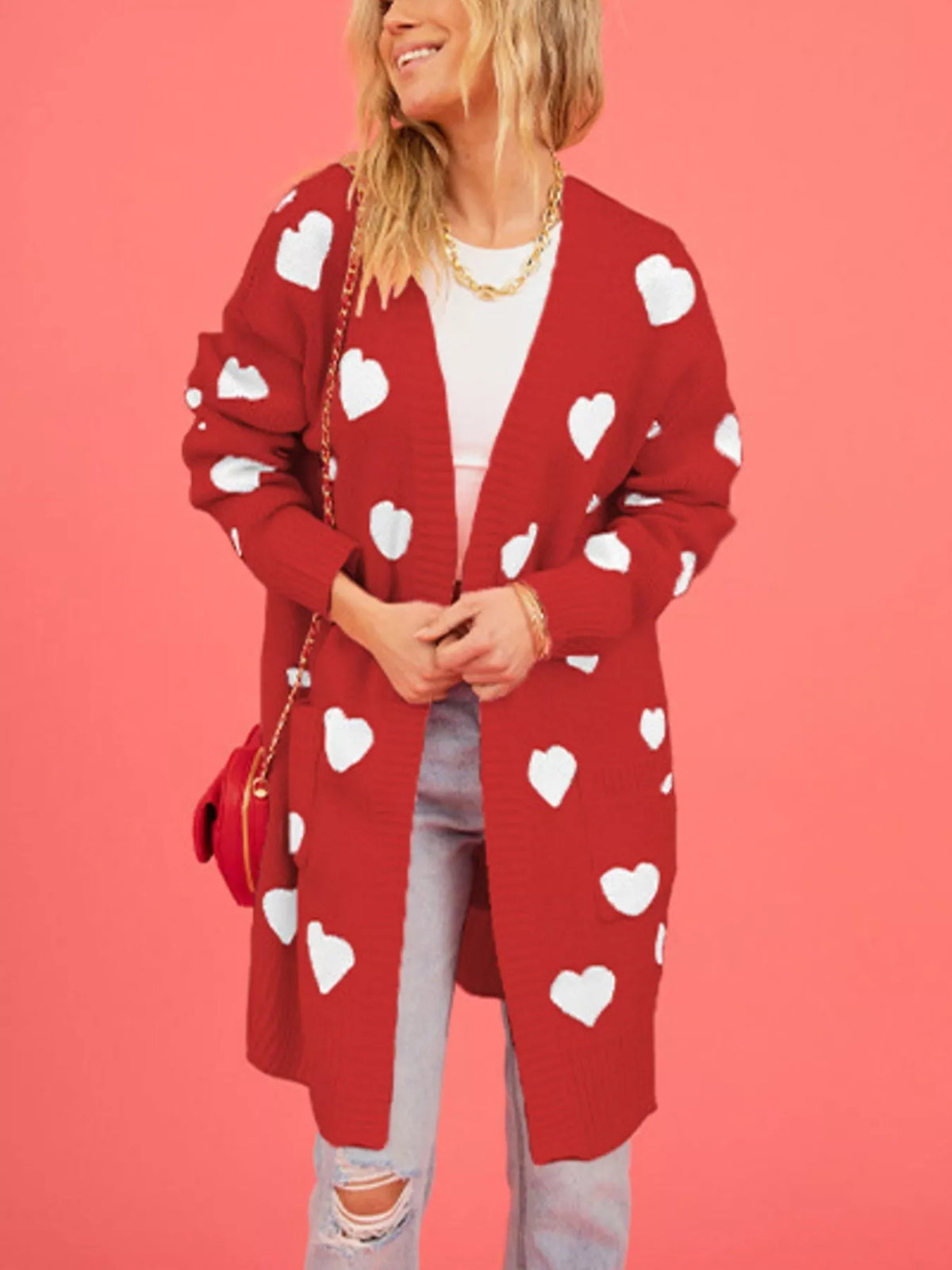 Heart Pattern Open Front Longline Cardigan - Lilixa.store