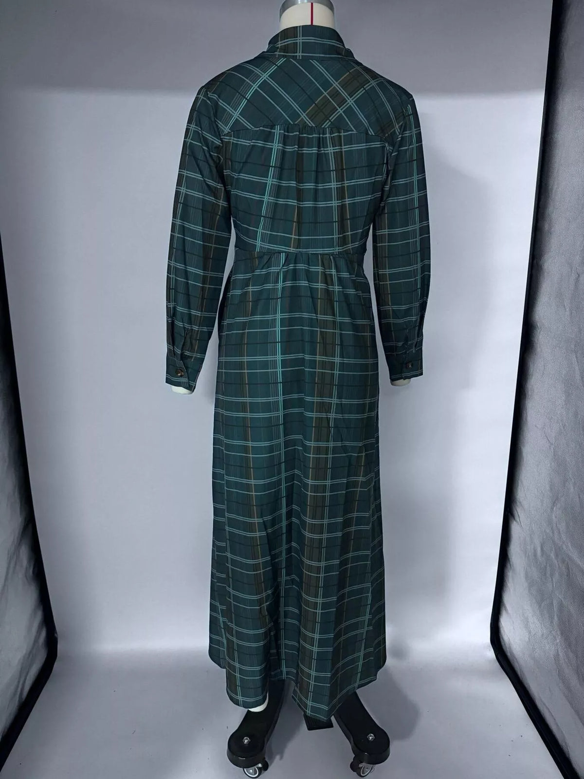 Vintage Plaid Button-Down Maxi Shirt Dress in Dark Green, view 5