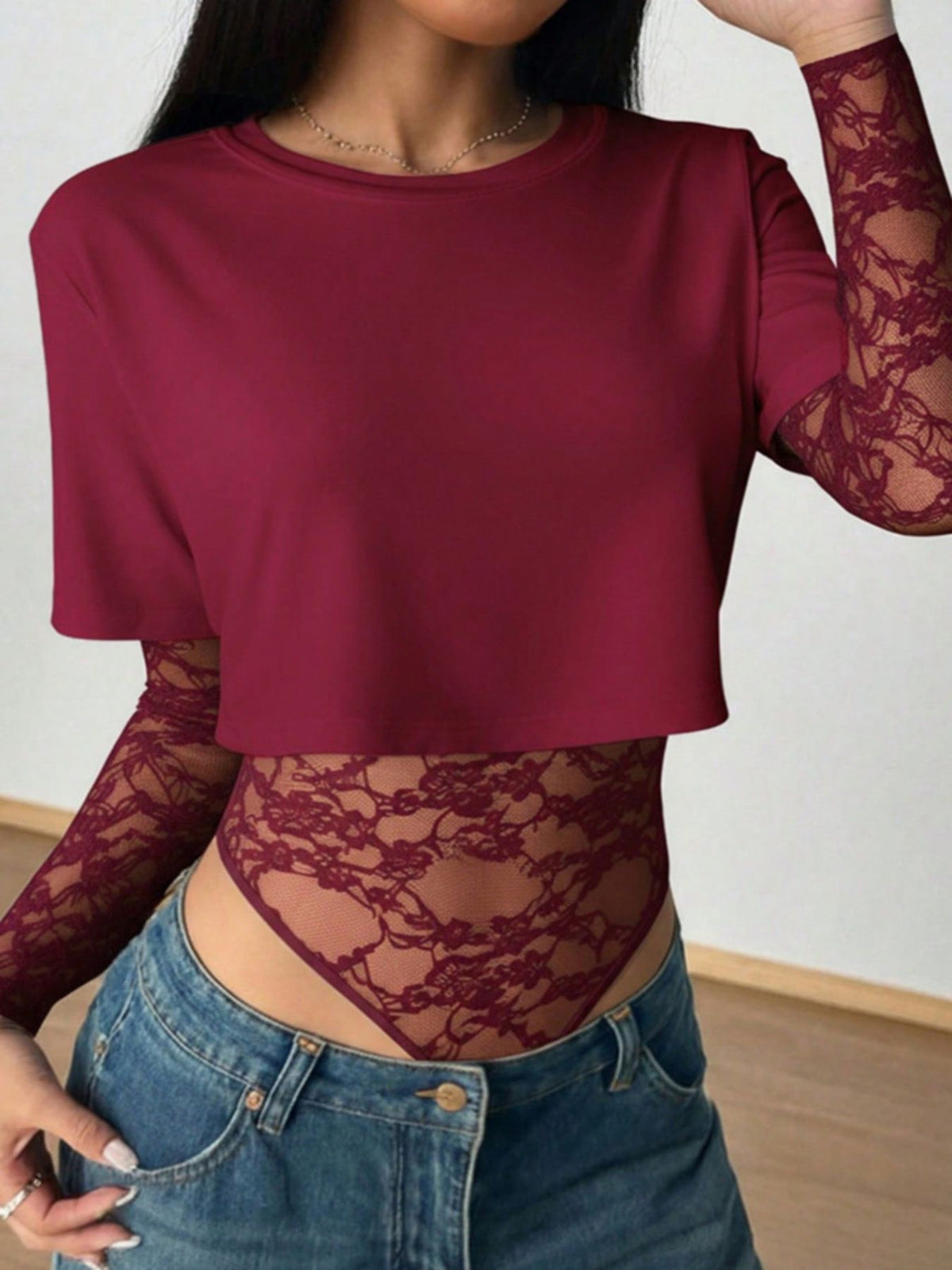 Lace Patchwork Round Neck Bodysuit - Lilixa.store