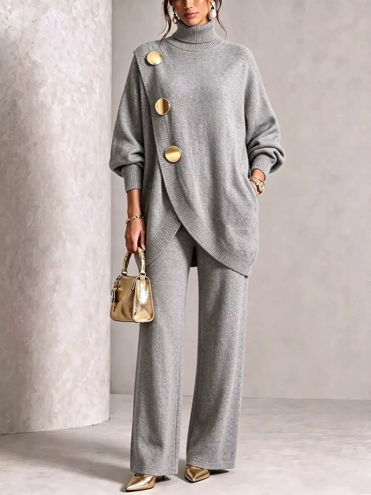 Gold Button Accent Turtleneck Sweater and Pants Set in Gray