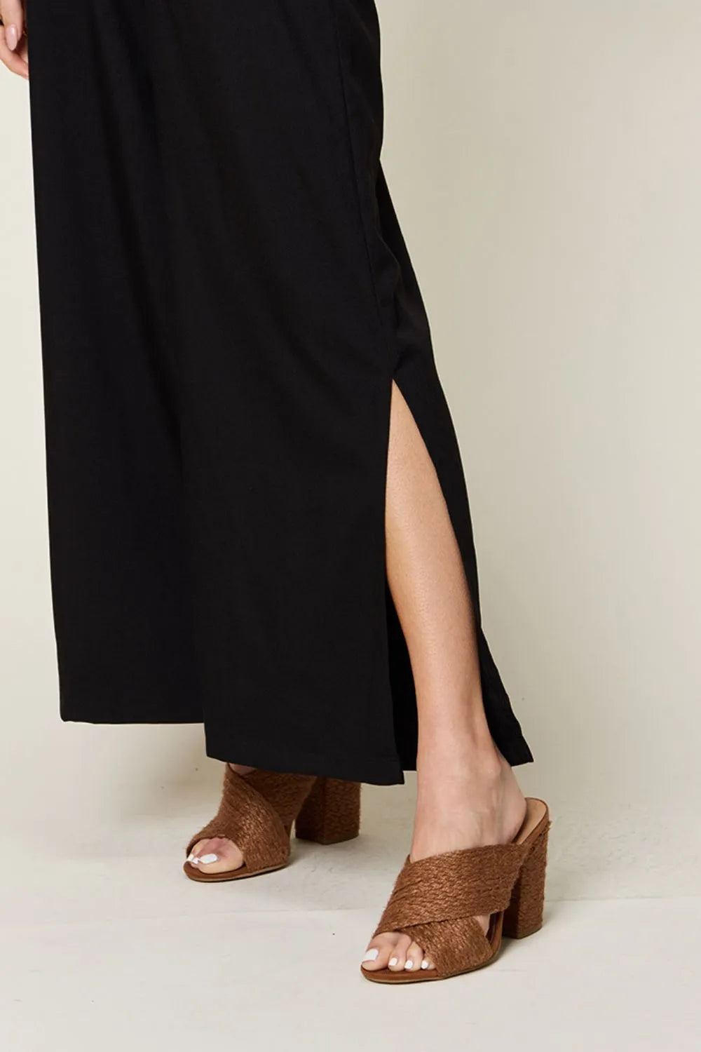 Double Take Full Size V-Neck Tied Side Slit Jumpsuit in Black, view 5