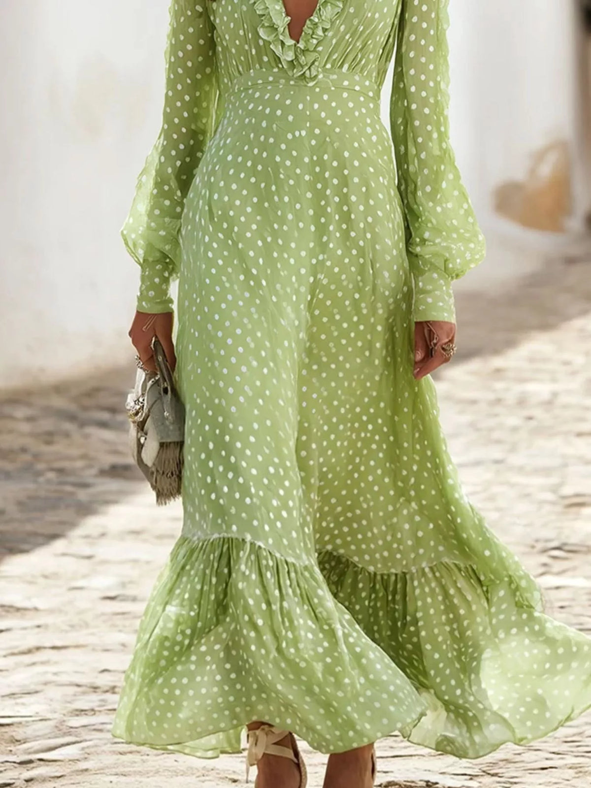 Full Size Polka Dot Ruffle V-Neck Maxi Dress Plus Size - Lilixa.store