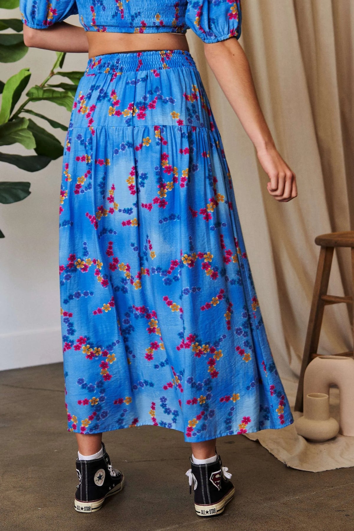 Davi & Dani Printed Smocking Waistband Ruffled Maxi Skirt - Lilixa.store