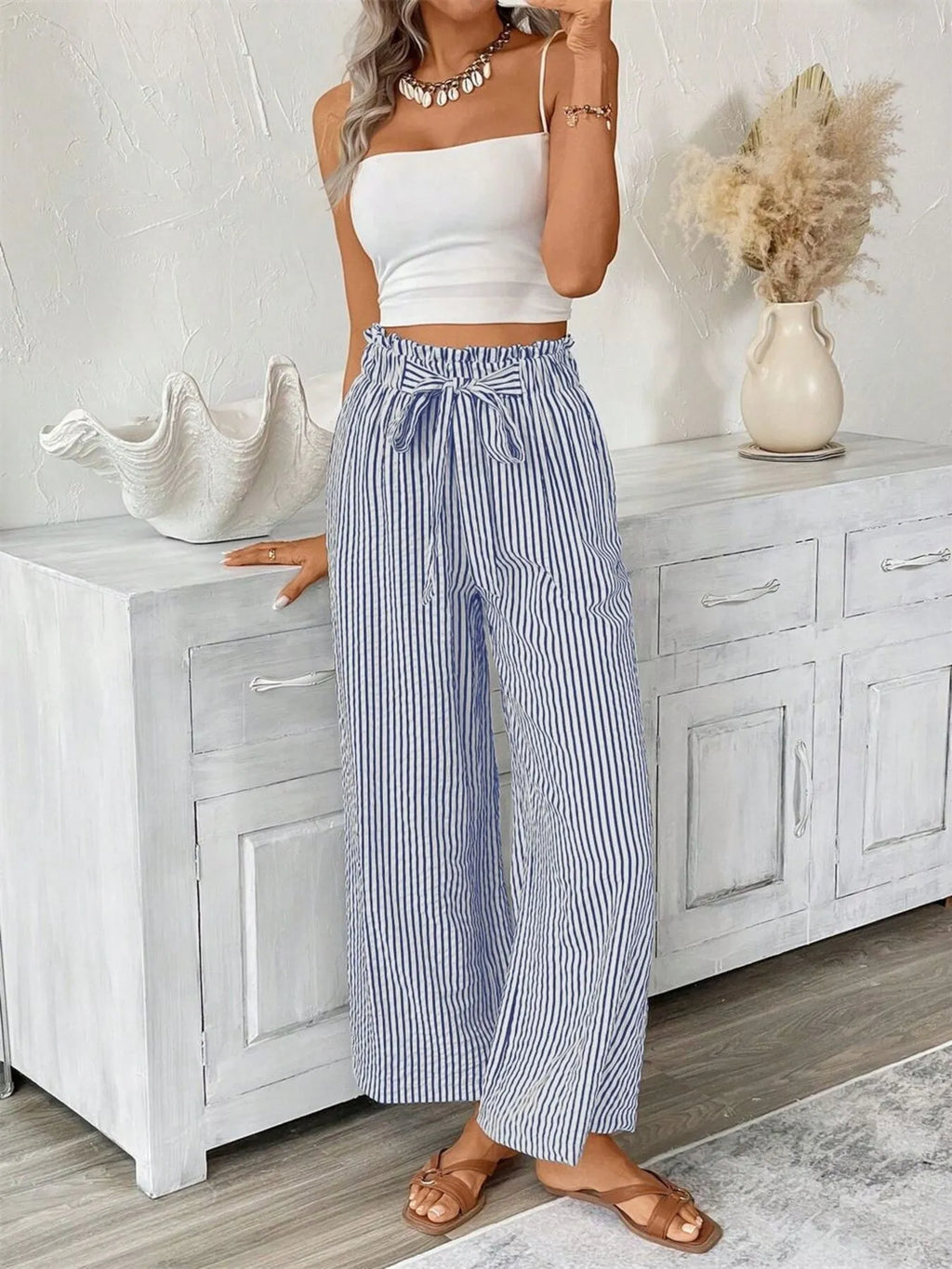 Full Size Striped Wide Leg Paper Bag Pants Plus Size - Lilixa.store