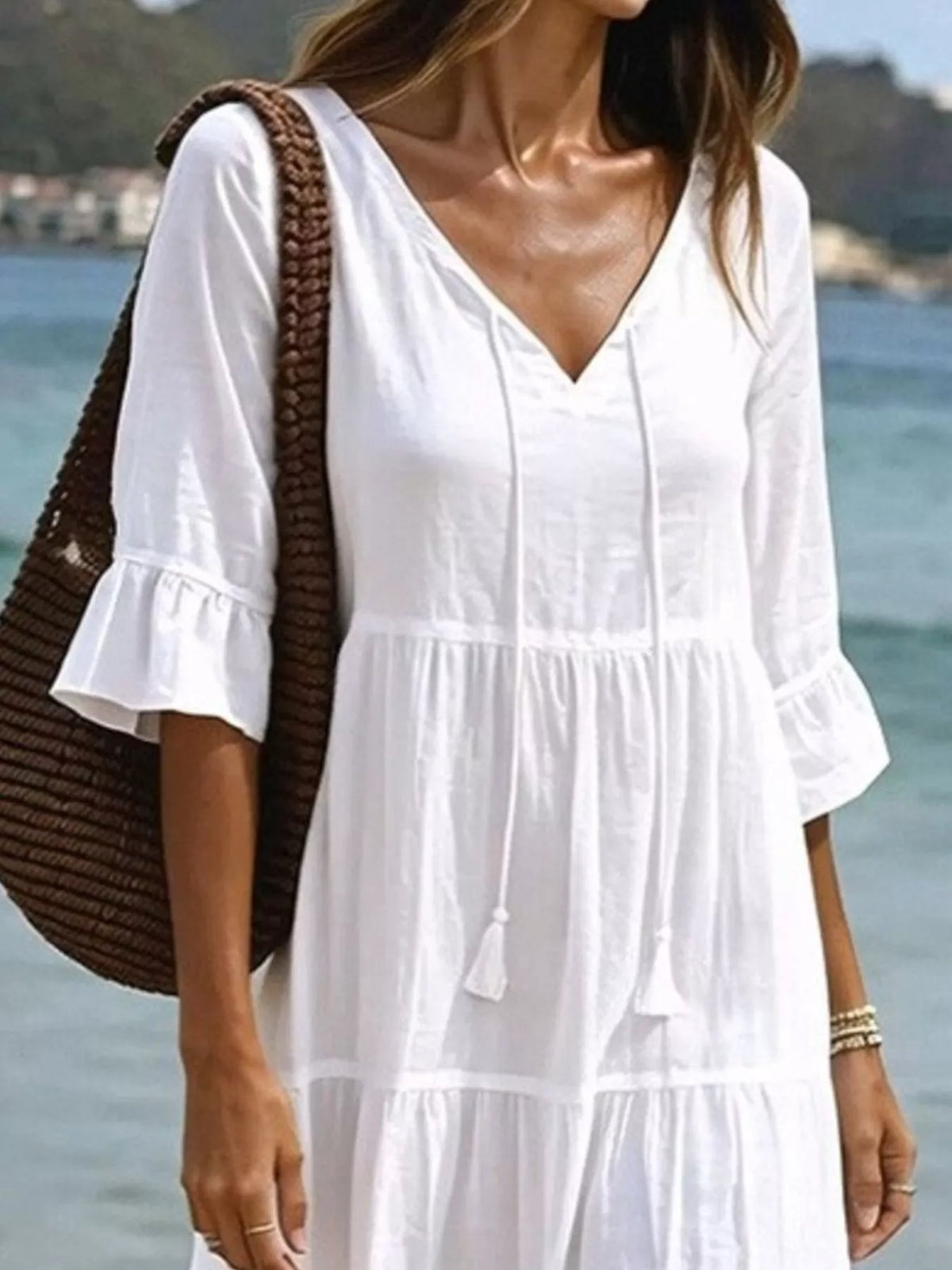 Full Size Tiered Tie Neck Flounce Sleeve Dress Plus Size - Lilixa.store