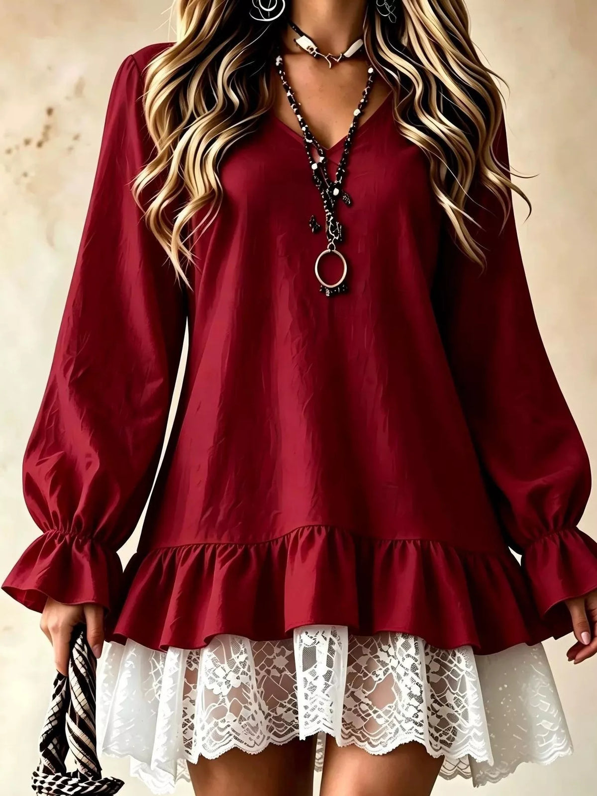 V-Neck Long Sleeve Ruffle Hem Lace Trim Mini Dress in Burgundy