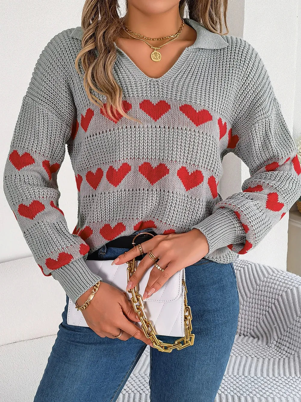 Heart Johnny Collar Long Sleeve Sweater, view 6