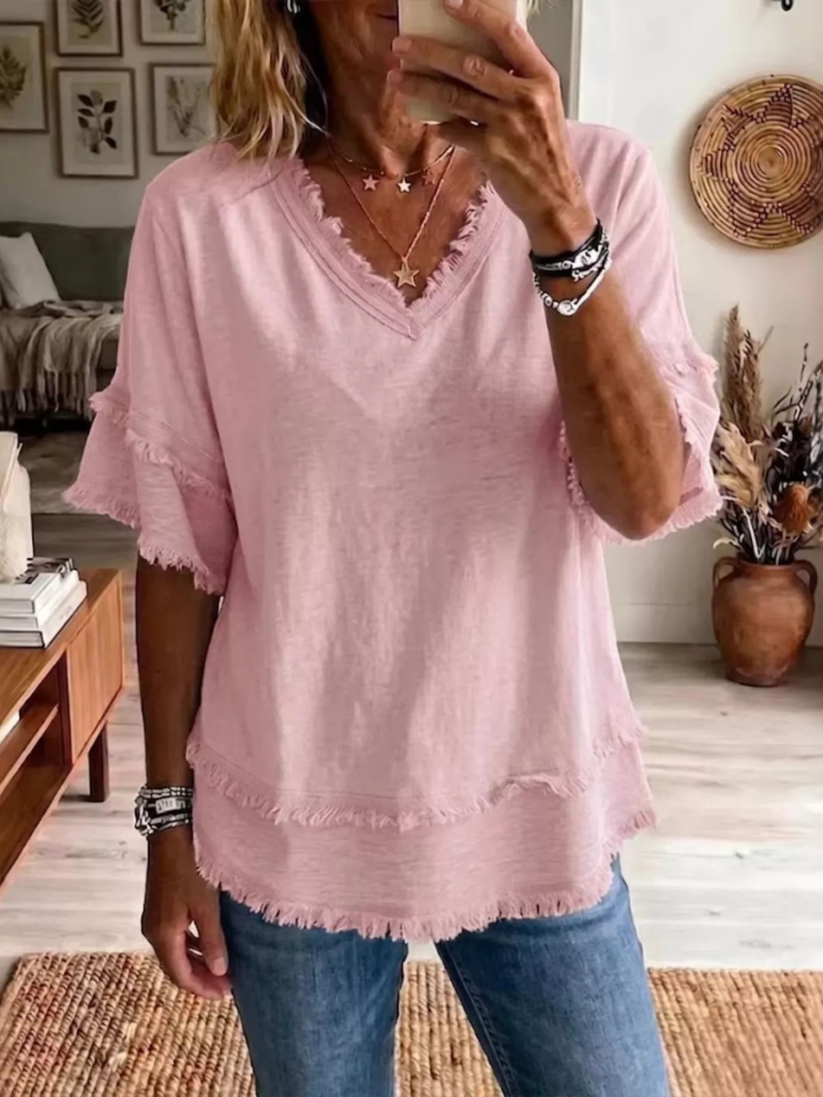 Full Size Frayed Edge V-Neck Blouse Plus Size - Lilixa.store