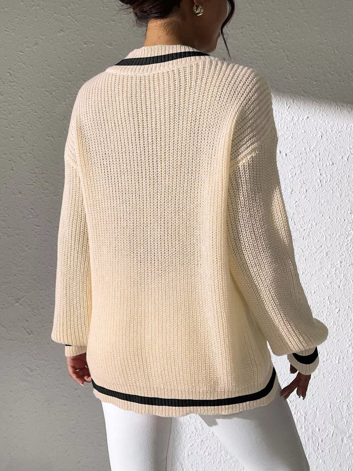 V-Neck Contrast Trim Sweater with Pearl Decor, view 2