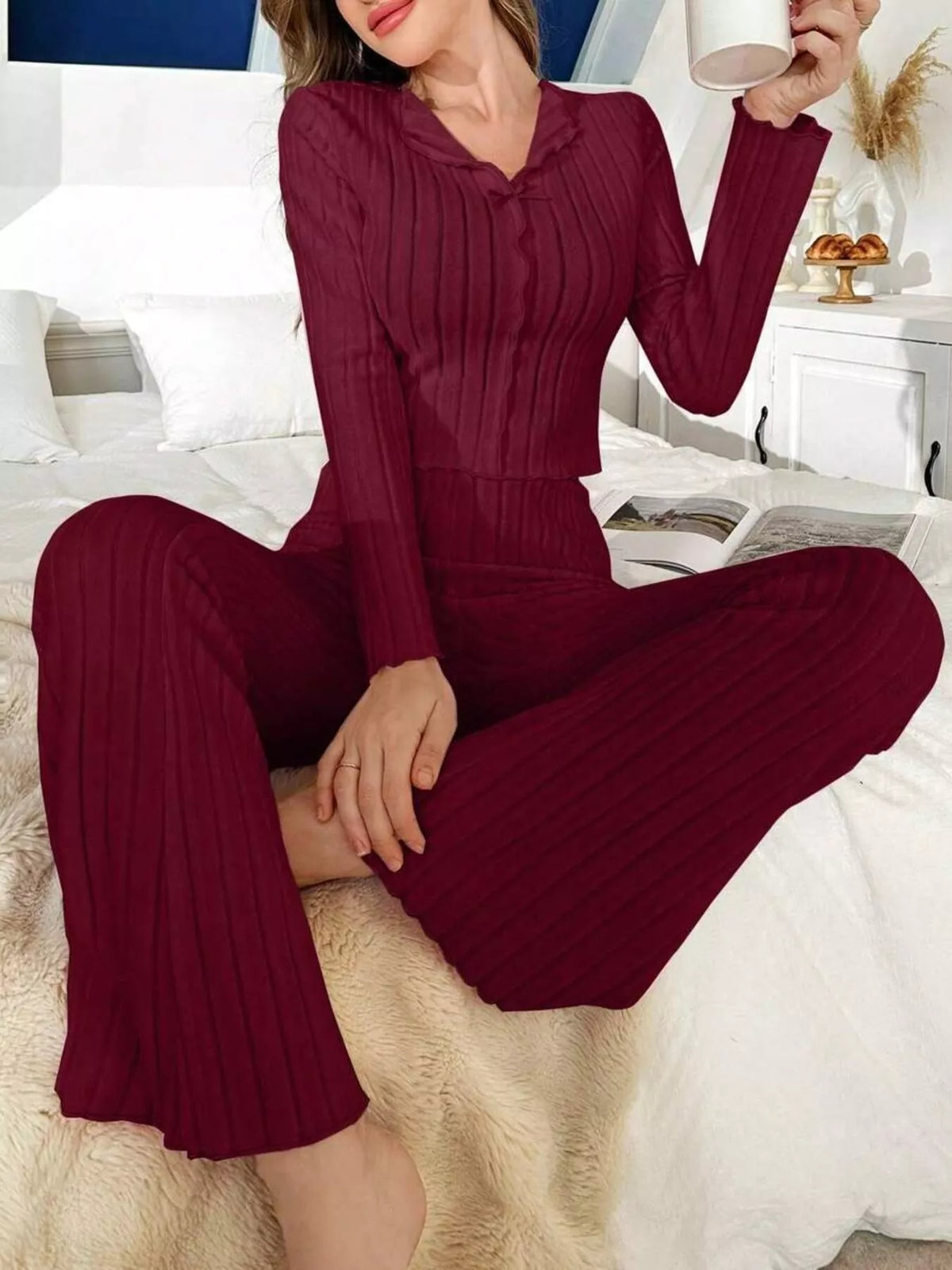 Bow Detail Ribbed Knit Top and Pants Lounge Set - Lilixa.store