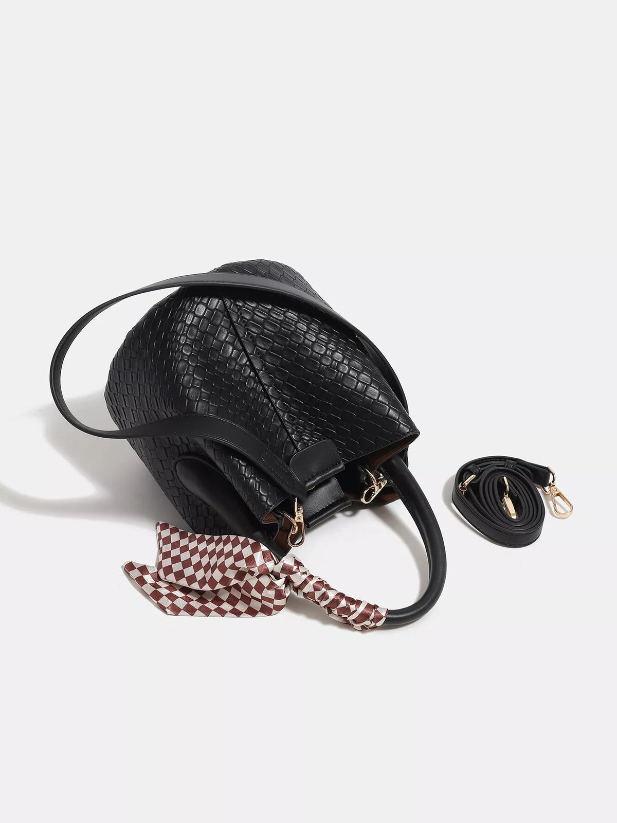 Woven Texture Bucket Handbag with Decorative Scarf in Black, view 5