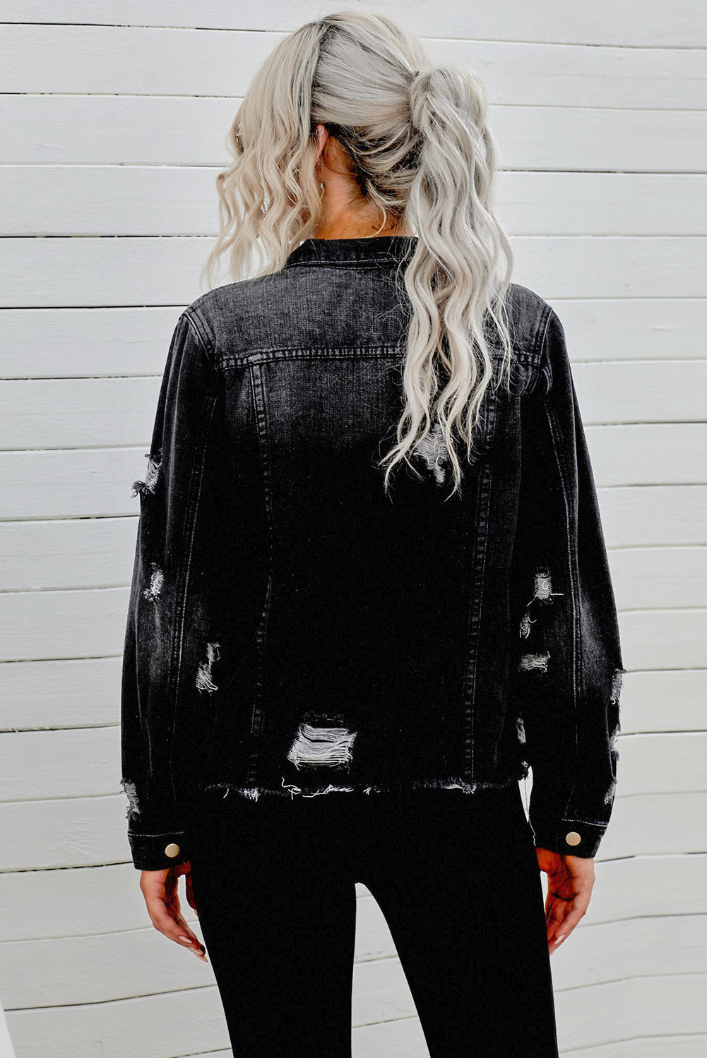 Distressed Raw Hem Buttons Denim Jacket in Black, view 2
