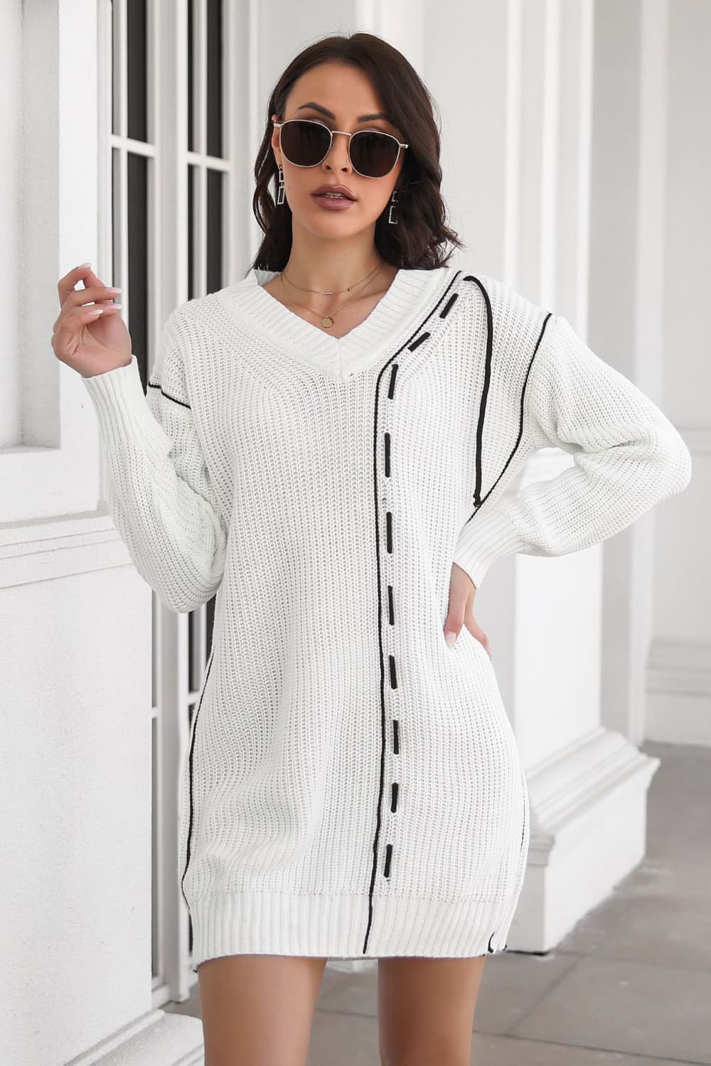 Contrast V-Neck Sweater Dress in White