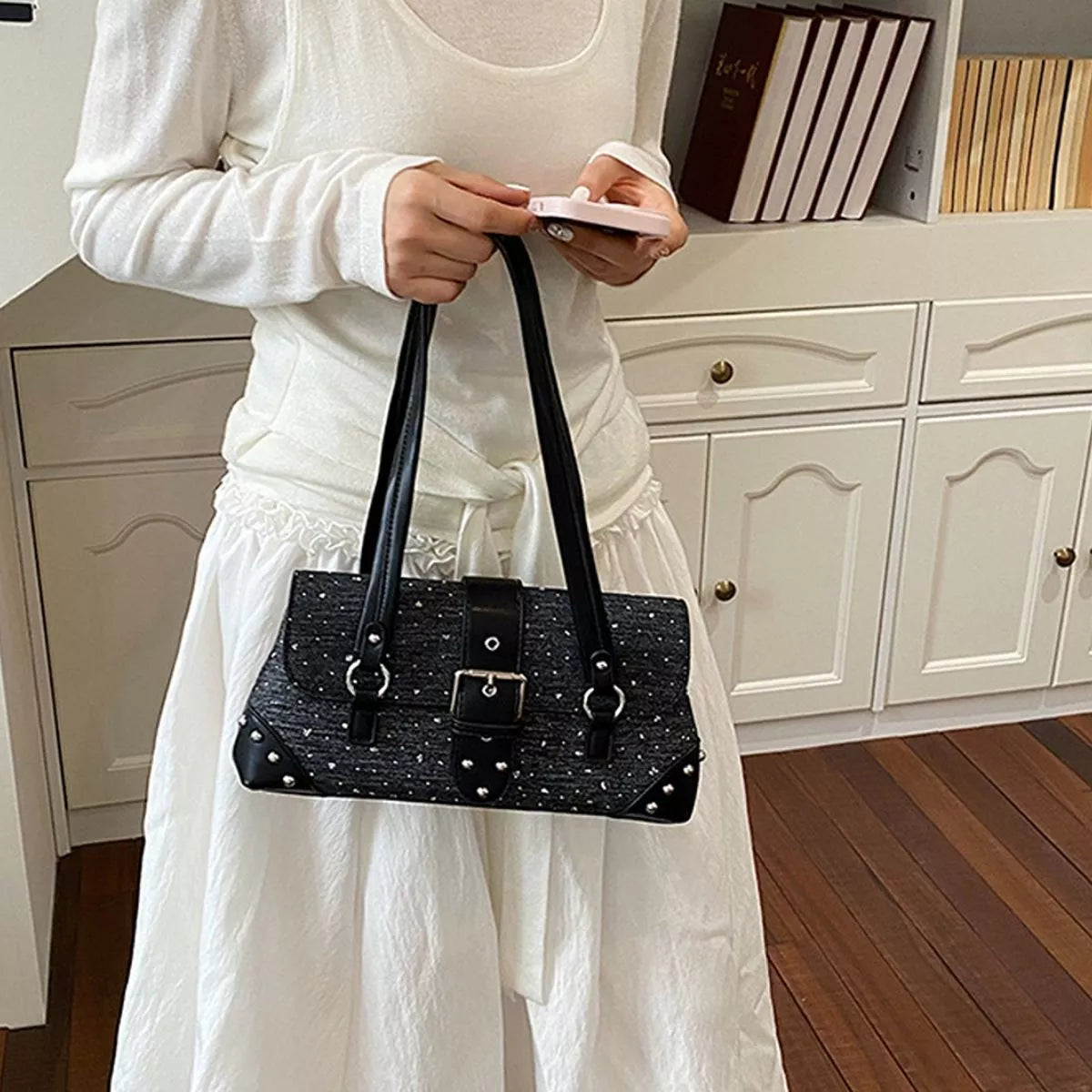 Studded Shoulder Bag with Buckle Detail - Lilixa.store
