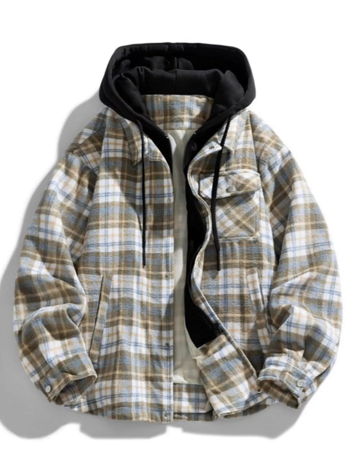 Men's Plus Size Drawstring Hooded Plaid Shirt Jacket - Lilixa.store