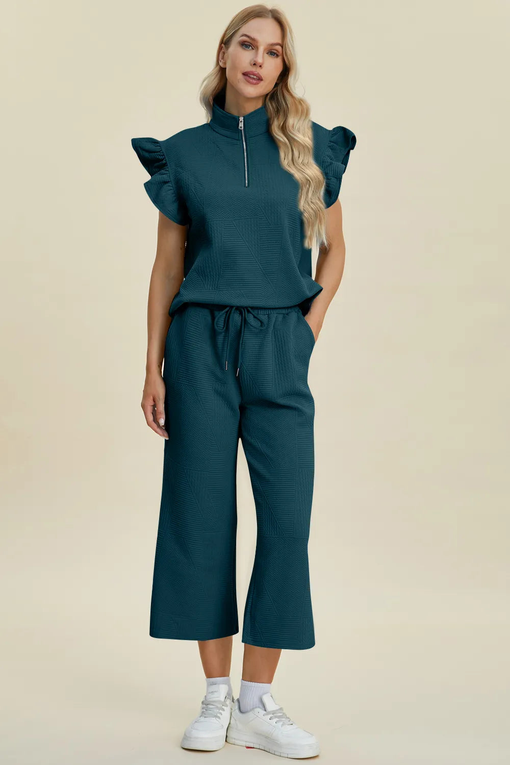 Double Take Full Size Texture Ruffle Short Sleeve Top and Wide Leg Pants Set, view 9
