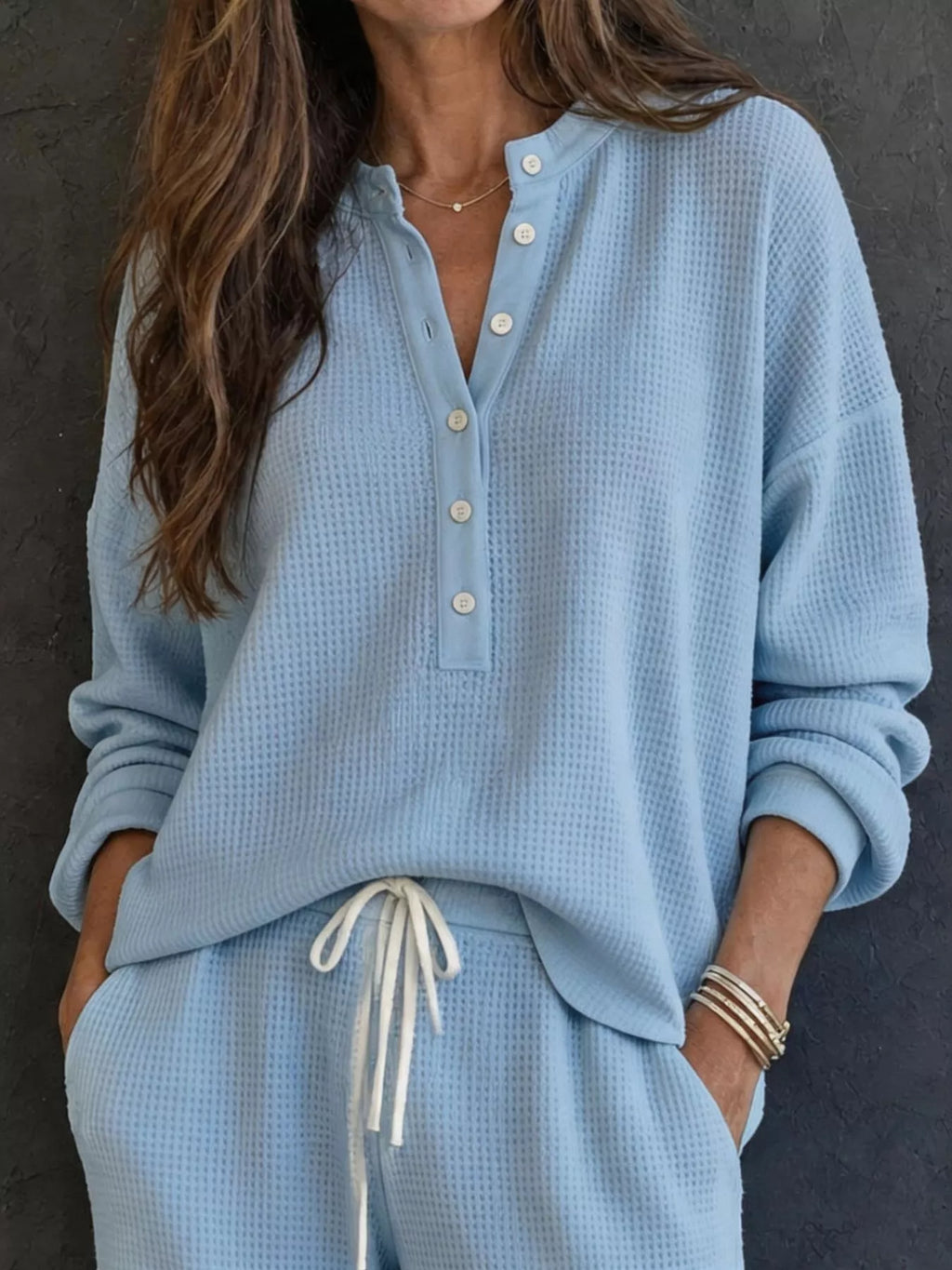 Waffle Knit Henley Top and Wide Leg Pants Set - Lilixa.store