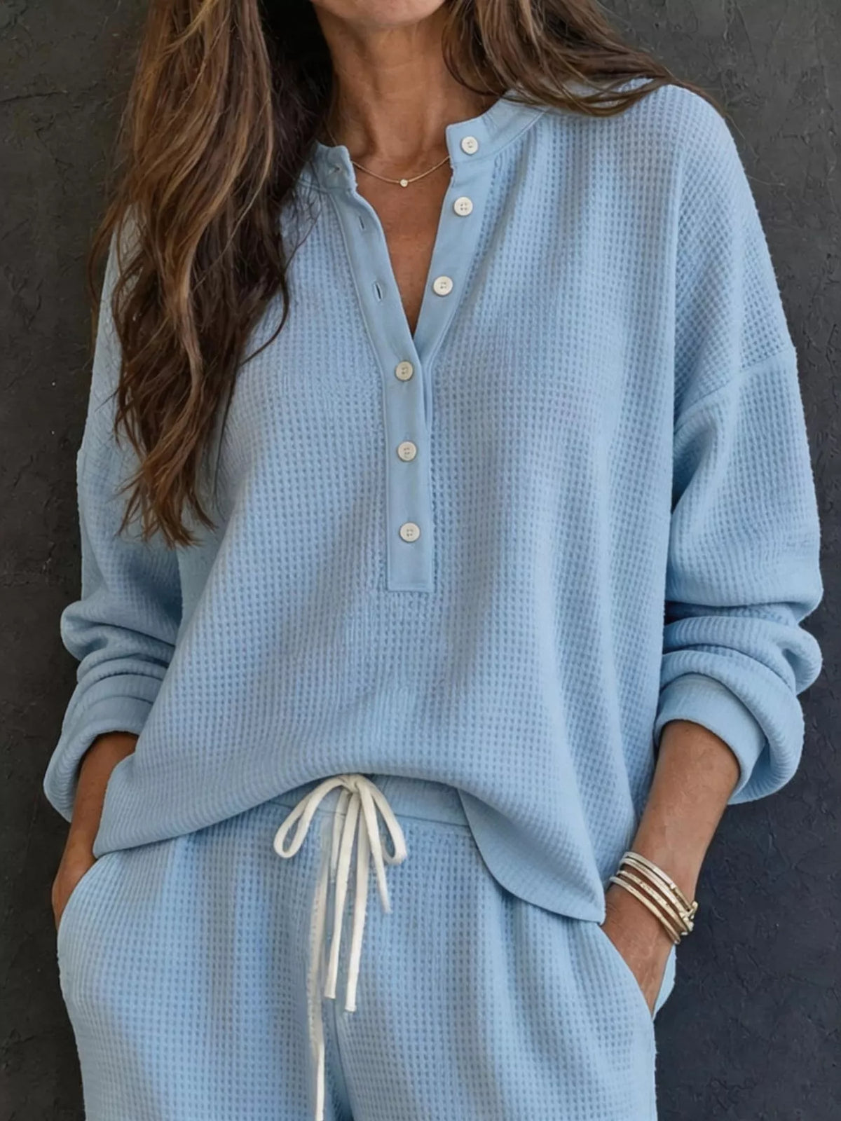 Waffle Knit Henley Top and Wide Leg Pants Set, view 5