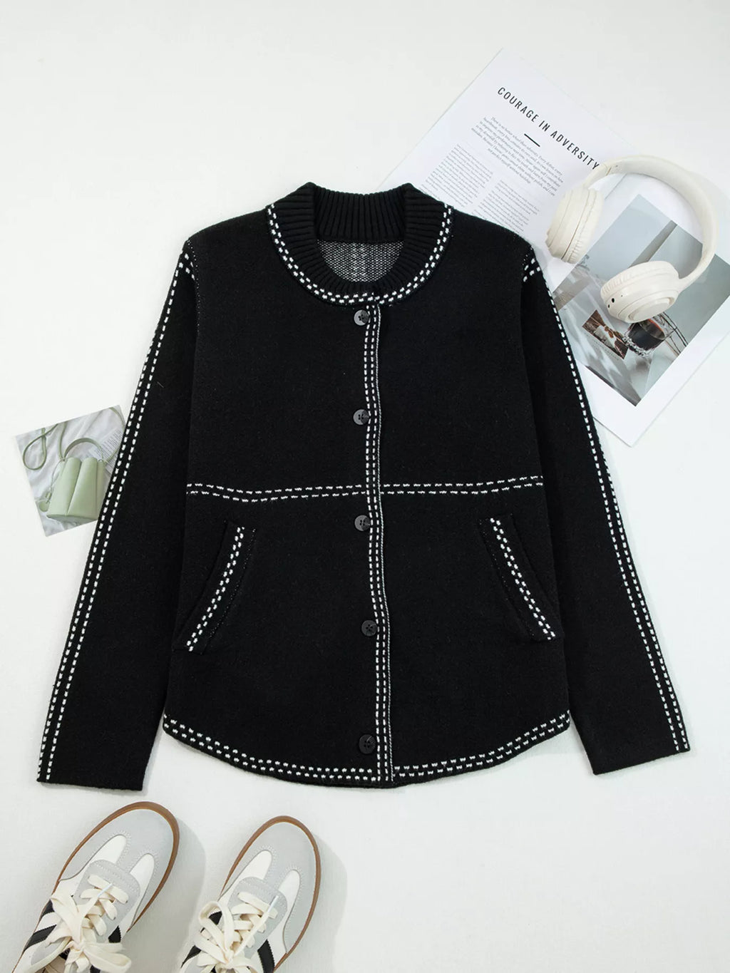 Contrast Trim Button up Sweater Cardigan - Lilixa.store